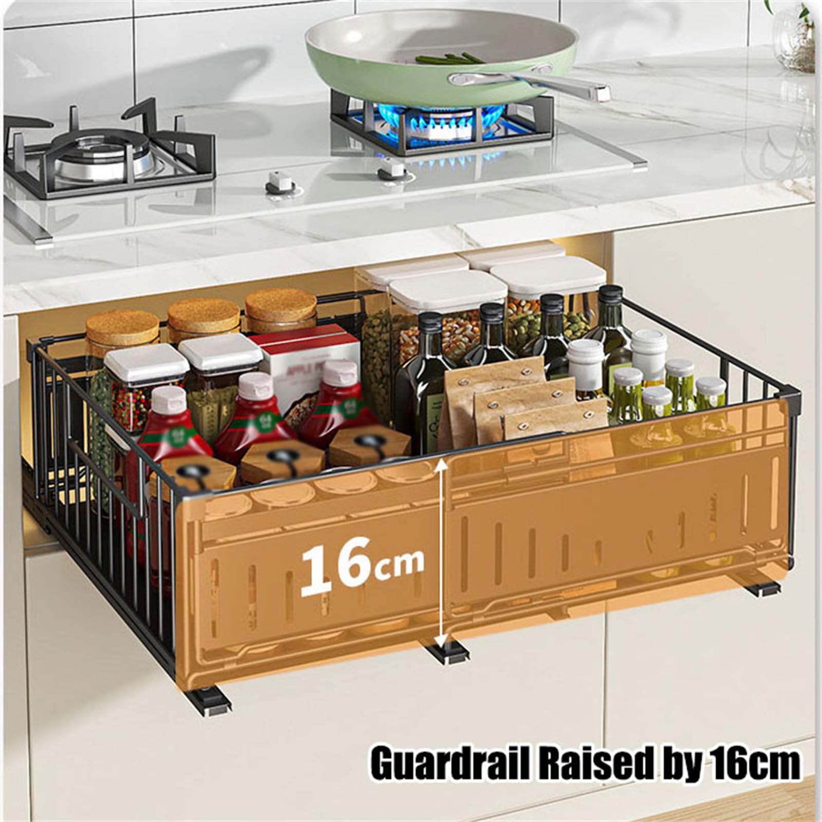 Teleskopschublade Küchen Aufbewahrungsregale Organizer Ohne Bohren Ausziehbare Schubladen Metall Küchenregal Spülschrank Regal Für Küche Pantry Organisation, Einstellbare Breite 32.5-50Cm,Schwarz,2Pcs