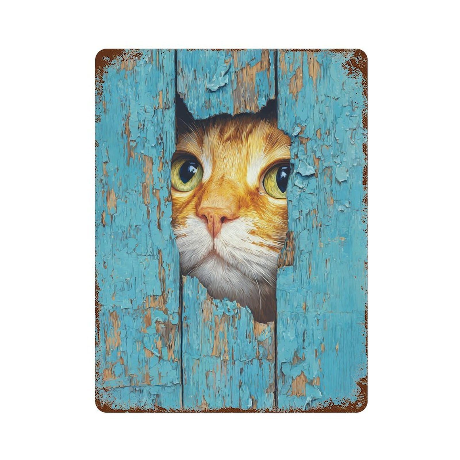 Vintage Rust Metal Sign with Curious Cat Peeking Through Wooden Plank Design 15.7"x11.8", for Office, Studio And Wall Decor, Farmhouse Wall Decor