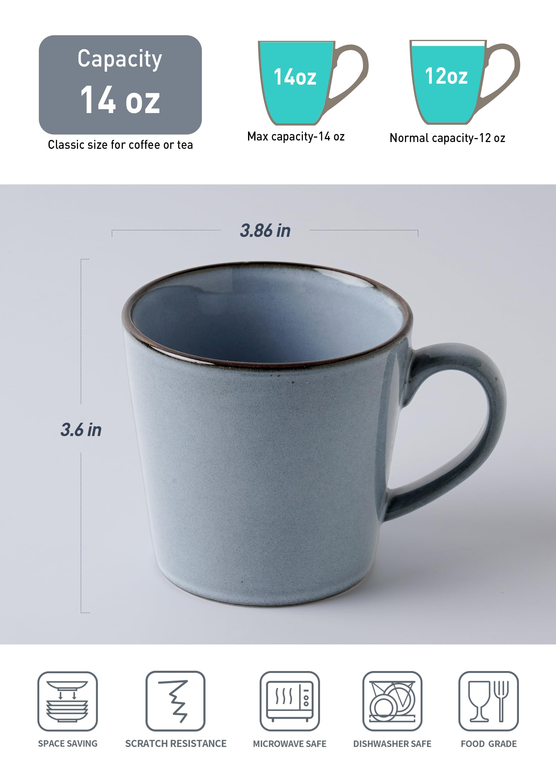 famiware Annecy Lot de 4 tasses à café en céramique avec poignée 414 ml | Ensemble de tasses à café en grès - Passe au micro-ondes et au lave-vaisselle - Pour thé, latte, cappuccino - Bleu réactif