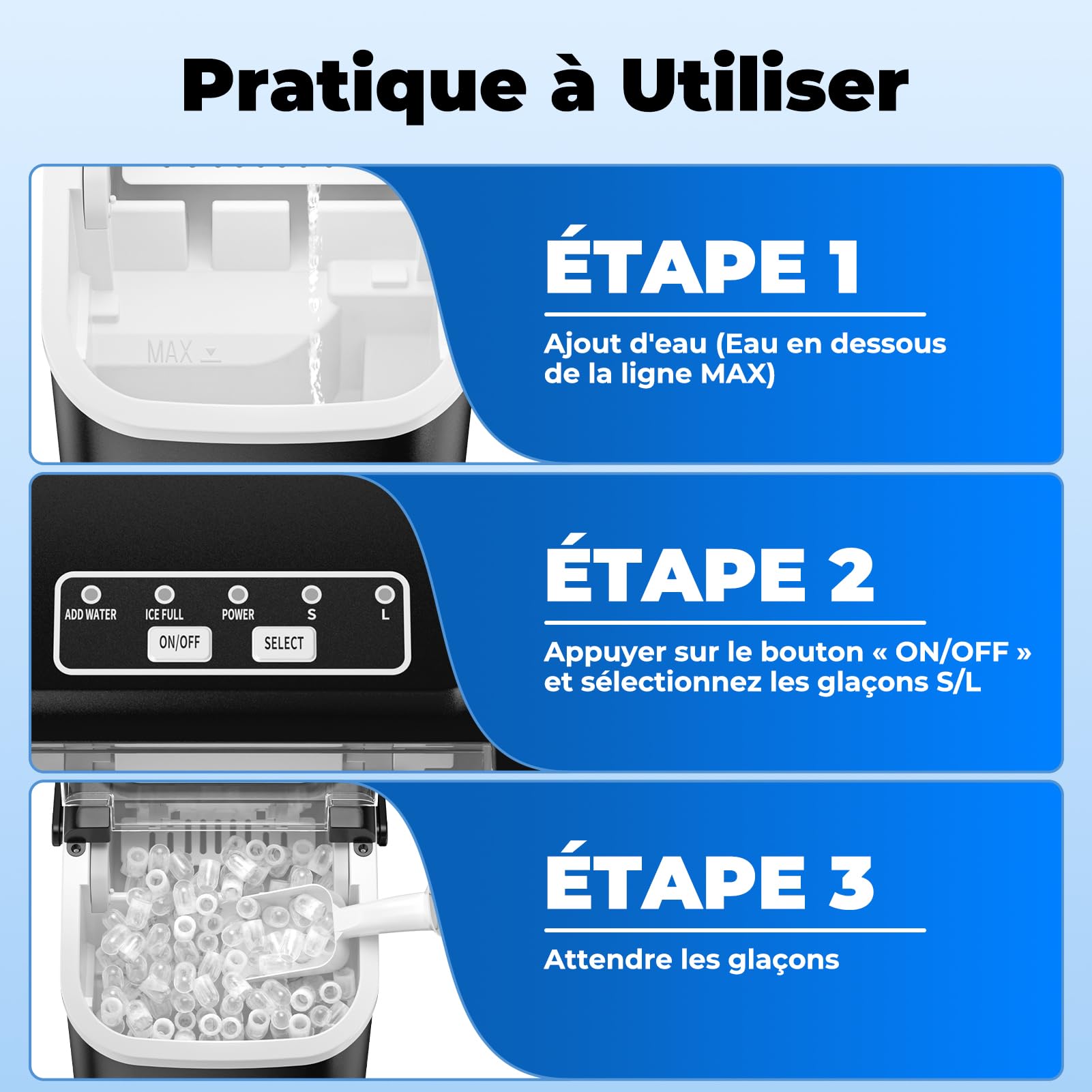 Machine à Glaçons, 12kg en 24h, Portable Machine a Glacons avec Cuillère à Glace, 8 Glaçons en 6-8 Minutes, Autonettoyante, Idéale pour Maison/Cuisine/Camping