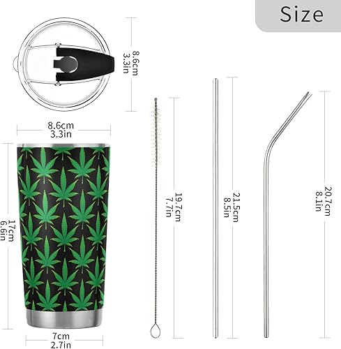 Miniatura 2 de Vaso de café con aislamiento de hojas de marihuana verdes, taza de viaje con popote y tapa, doble pared de acero inoxidable, 20 onzas, oficina,