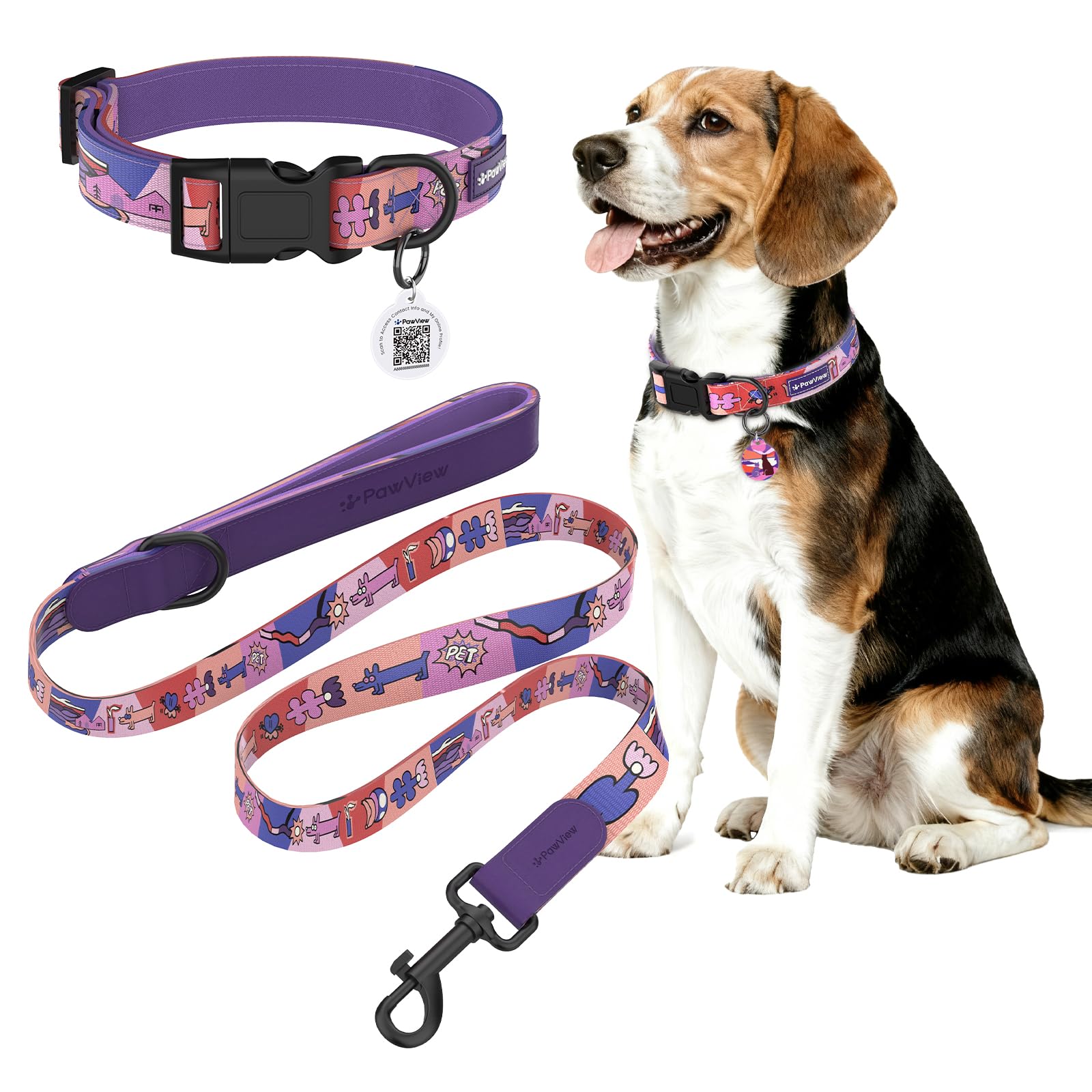 PawView Dog Collar & Lead Set including QR Code ID Tag- Adjustable, Waterproof & Comfortable -for Small Medium, Large Dogs(S
