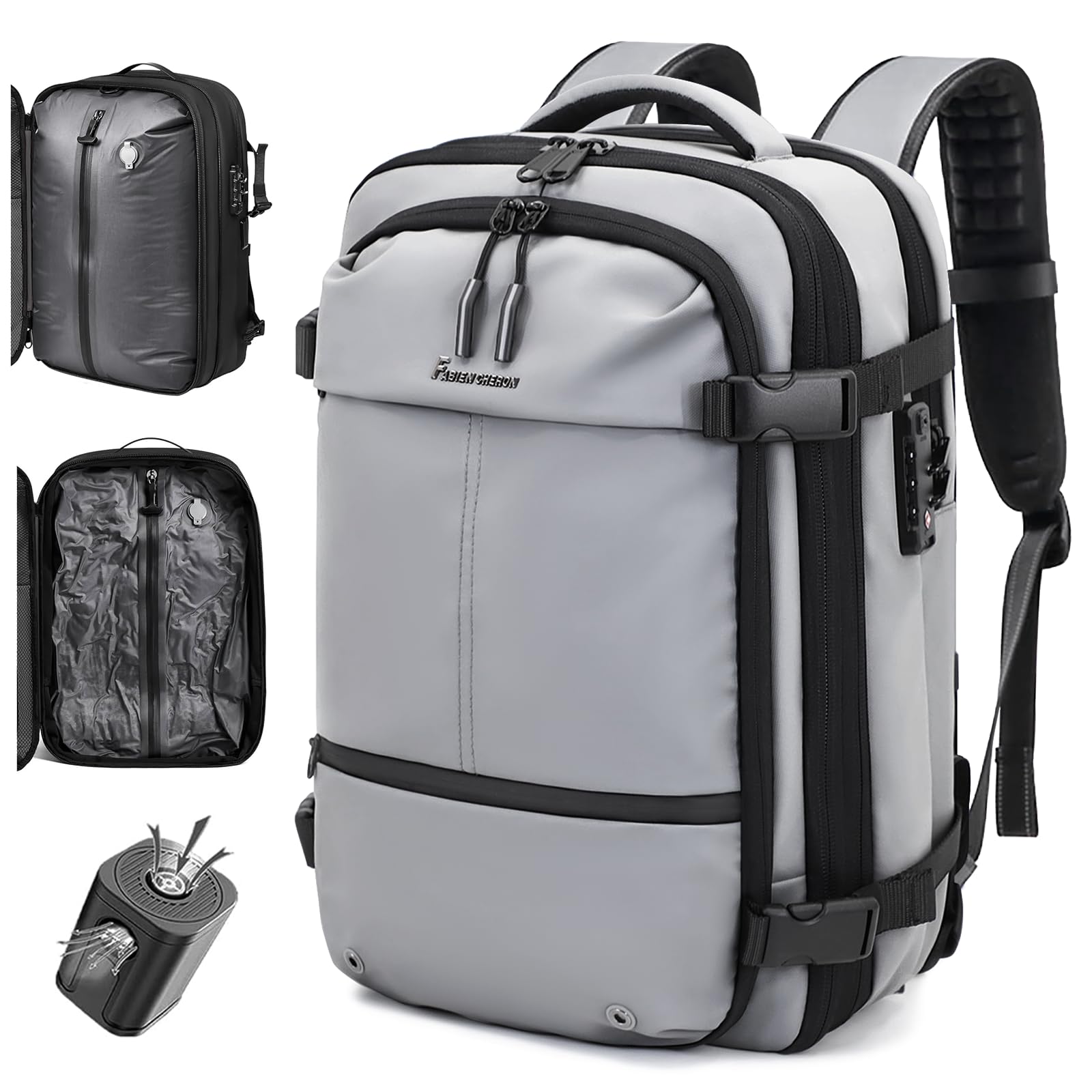 FABIEN CHERON Travel Backpack with Vacuum System,60L Expandable Vacuum Backpack Travel with TSA Lock,17.3 inch Laptop Backpacks Vacpack Backpacks with