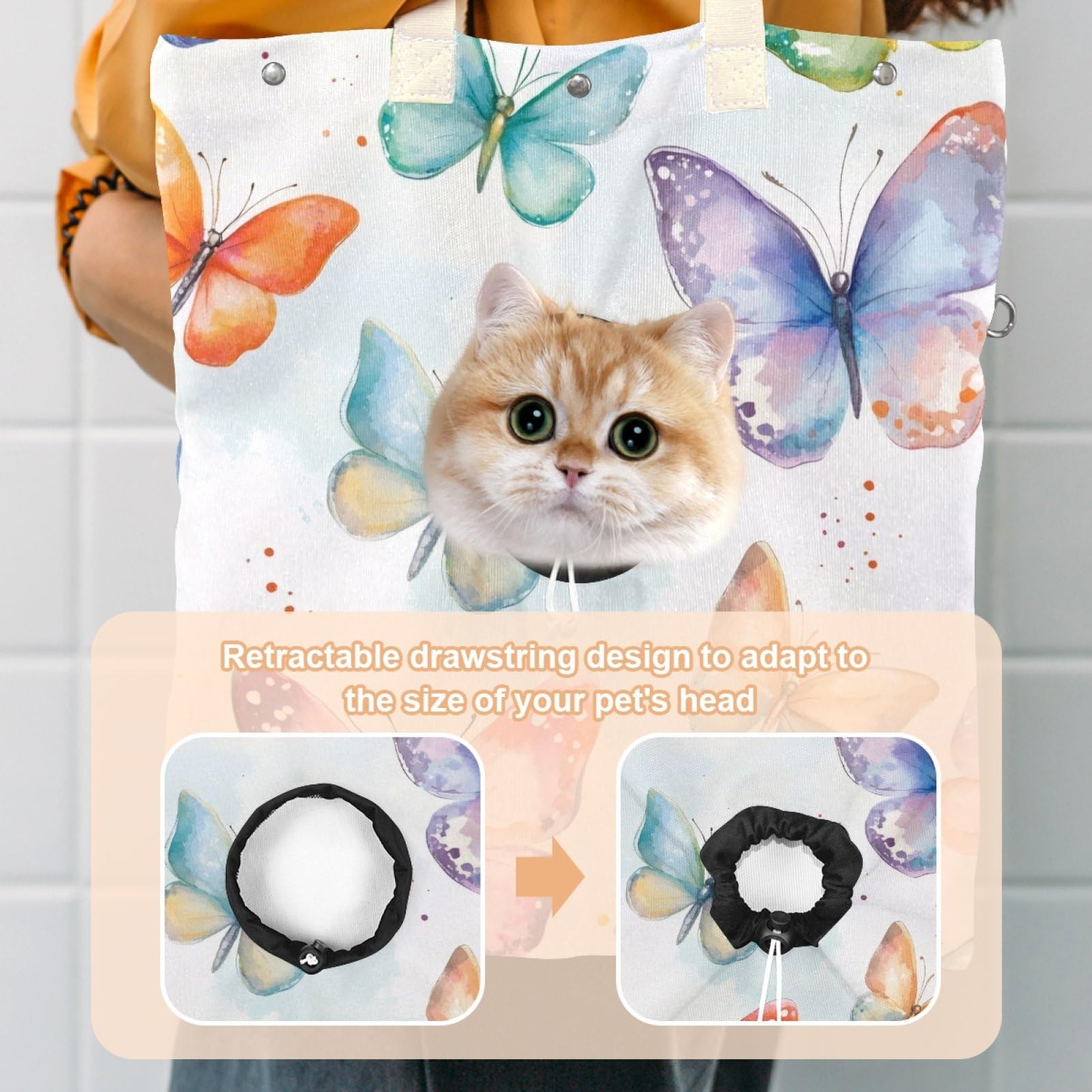 Pet Canvas Shoulder Bag Soft-Sided,Dog Purse Carrier for Small Dogs and Cats, Portable Pet Handbag with Adjustable Hole, Pet Washable Travel Tote Bag,Light Color Butterflies 16.7''x15.8''