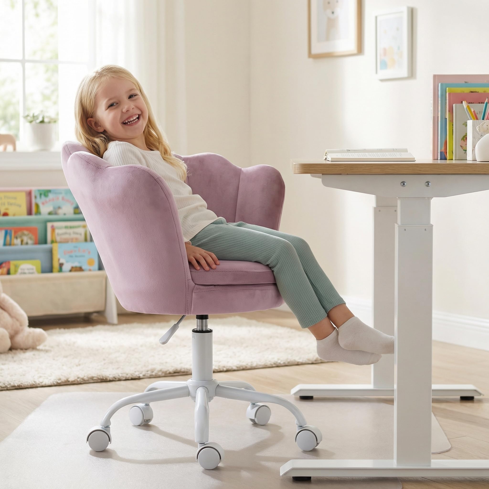 Purple Kids Desk Chair, Cute Velvet Adjustable Children Desk Chair Rolling Study Armchair Upholstered Computer Chair Shell Back 360° Swivel Vanity