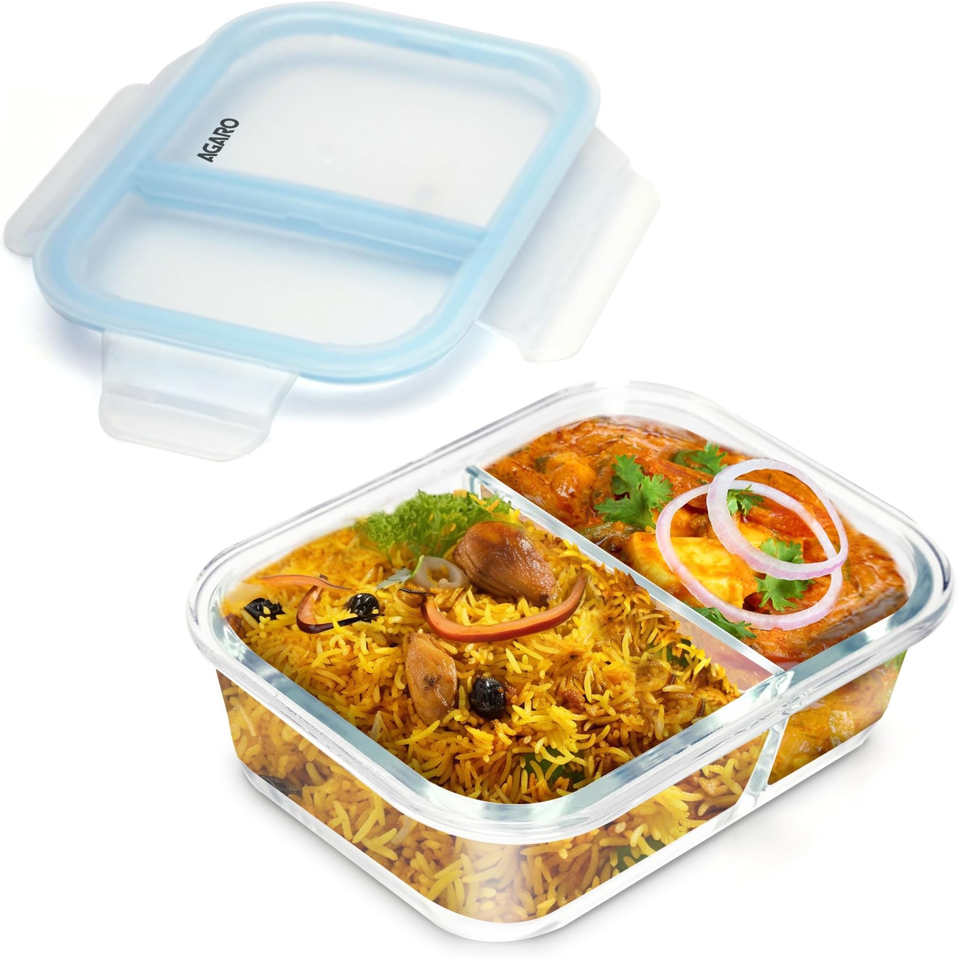 AGARO Compartment Lunch Box/Container 600Ml, Office Tiffin Box for Men & Women, Borosilicate Glass Body, Microwave Oven Safe, Leak Proof Locking Lid, Airtight Tiffin for Office, Transparent
