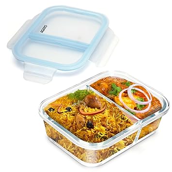 Compartment Lunch Box/Container, Borosilicate Glass Body, Microwave Oven Safe, Leak Proof Locking Lid, Airtight Tiffin for Office, 600Ml, Transparent