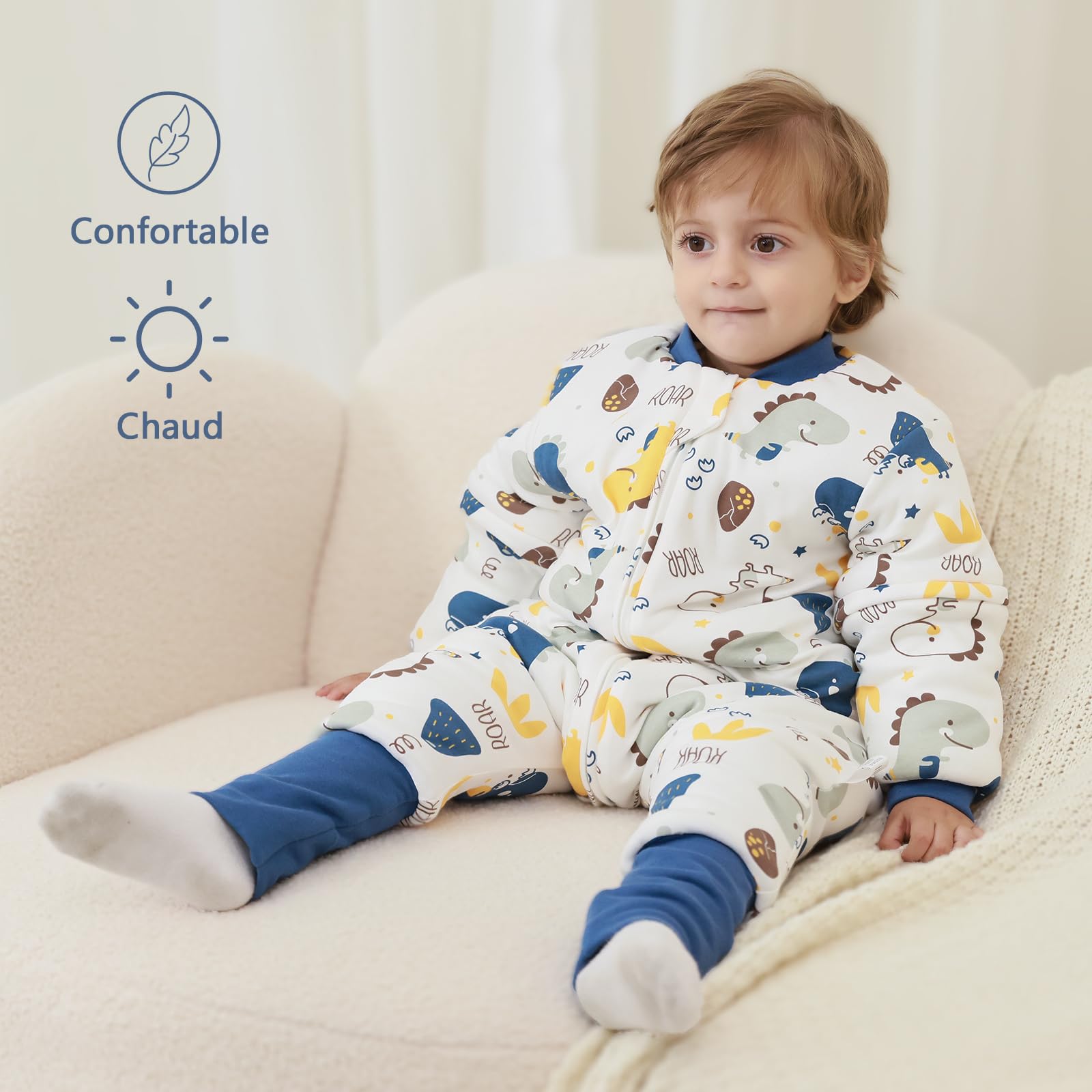 Gigoteuse pour Bébé avec Pieds, Manches Amovibles et Chaussettes - Gigoteuse Tog 3.5 Coton - Turbulette Hiver pour Bébé, Fille Garçon-Bébés Dinosaures (18-36 Mois)