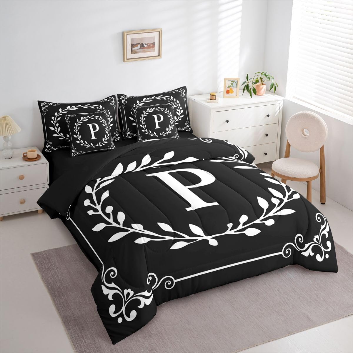 Initial Letter P Queen Comforter Set With Sheets Black White 7 Piece Bedding Set Boho Floral Leaves Bed In A Bag Personalized Gifts For Adult Women /Men /Teen Girls/ Frends Botanical Branches Bed Set