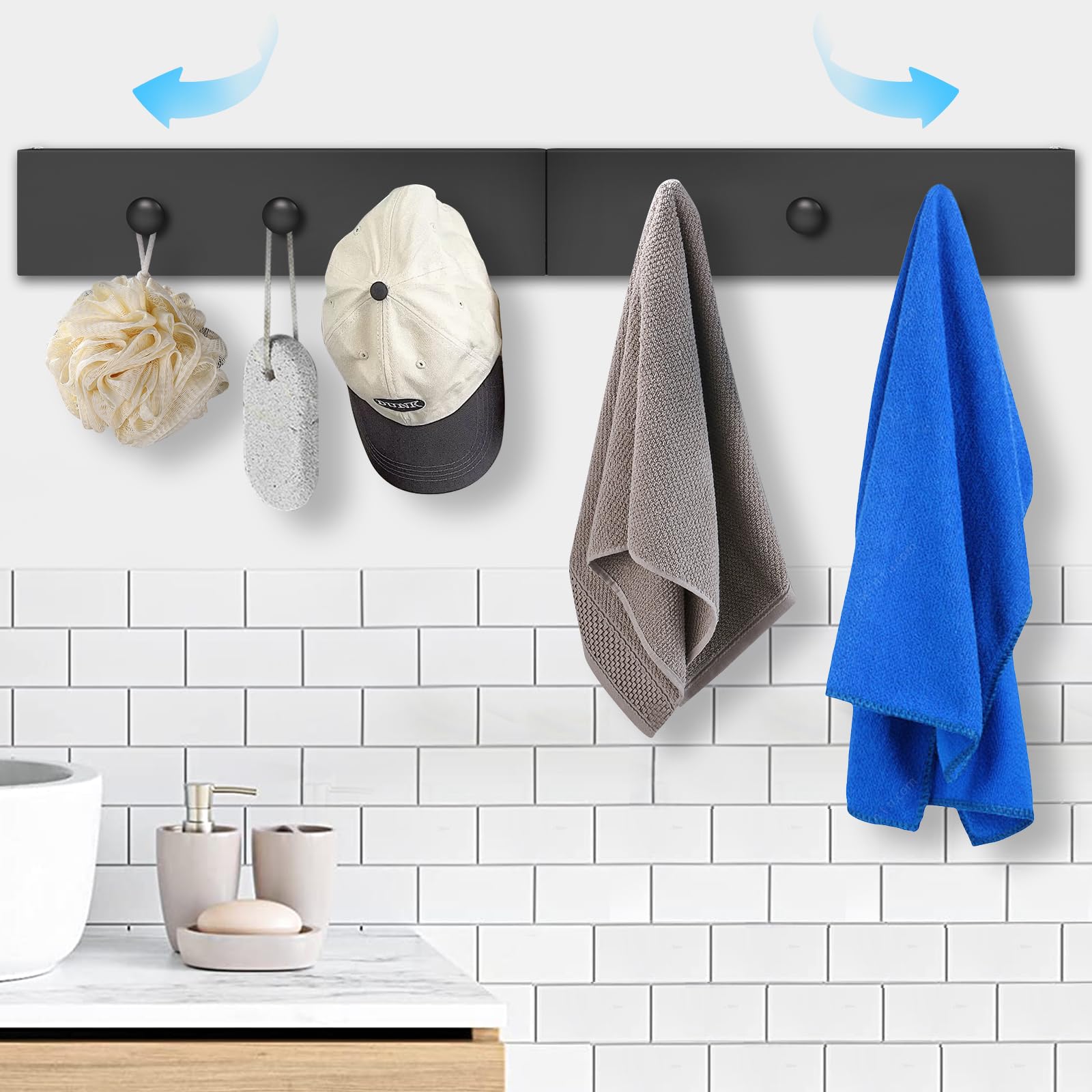 Wäscheständer Wandmontage Wäschetrockner Wand Ausziehbar 100cm Schwarz | Platzsparend Wand Wäschetrockner mit 6 Handtuchhaken, für drinnen oder draußen,Balkon, Terasse