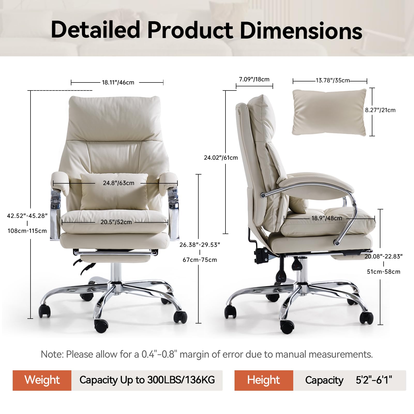 EMIAH Chaise de Bureau avec Repose-Pieds, Inclinable avec roulettes, Beige