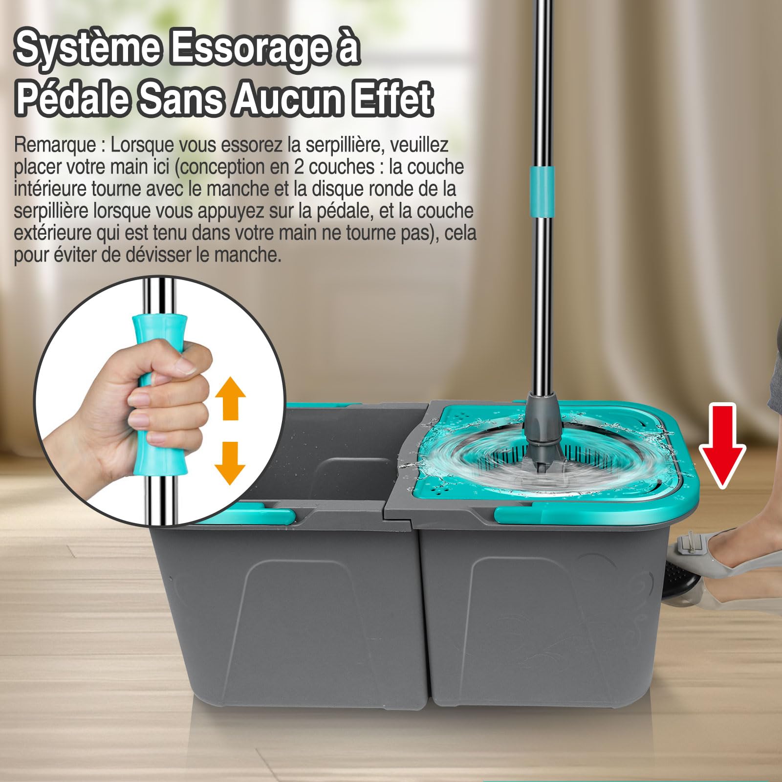 MASTERTOP Balai à Franges et Seau Essoreur à Pédale, Seau Empilable de 2 Bacs à l'eau Sale Séparée, Serpillière Rotative 360° avec Manche Téléscopique et 6 Tampons Microfibre