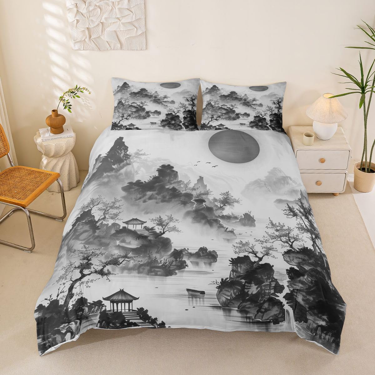 Loussiesd Japanese Ukiyoe Theme Duvet Cover Single Size Japanese Mount Fuji Comforter Cover for Boys Girls Ink Wash Mountain Lake Bedding Set 2Pcs Room Decor โ image 1