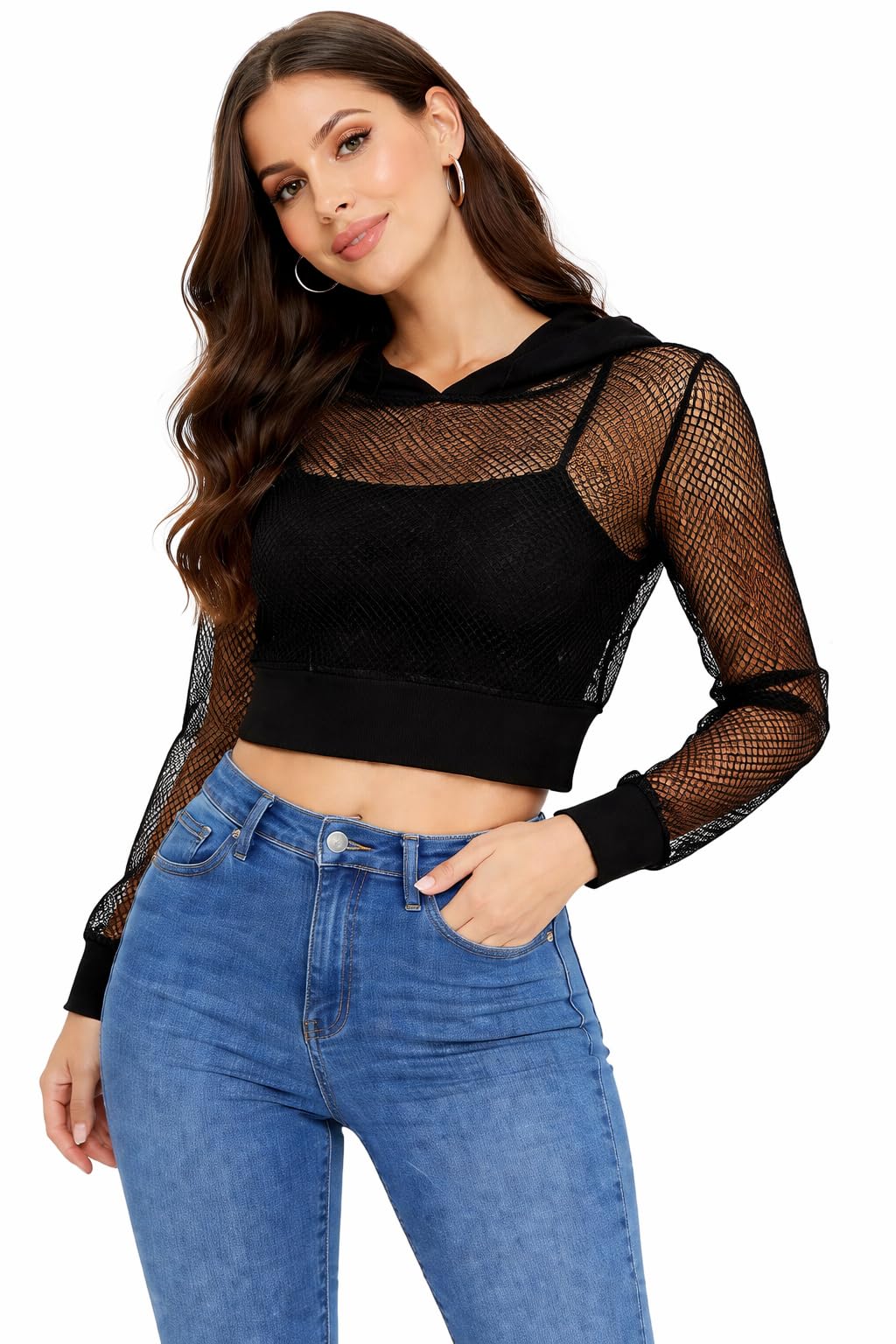Women's Fishnet Mesh Crop Hoodie Top | Long Sleeve Sheer Net Hooded Crop Top | Casual Streetwear See Through Pullover Sweatshirt for Girls & Women-image-4