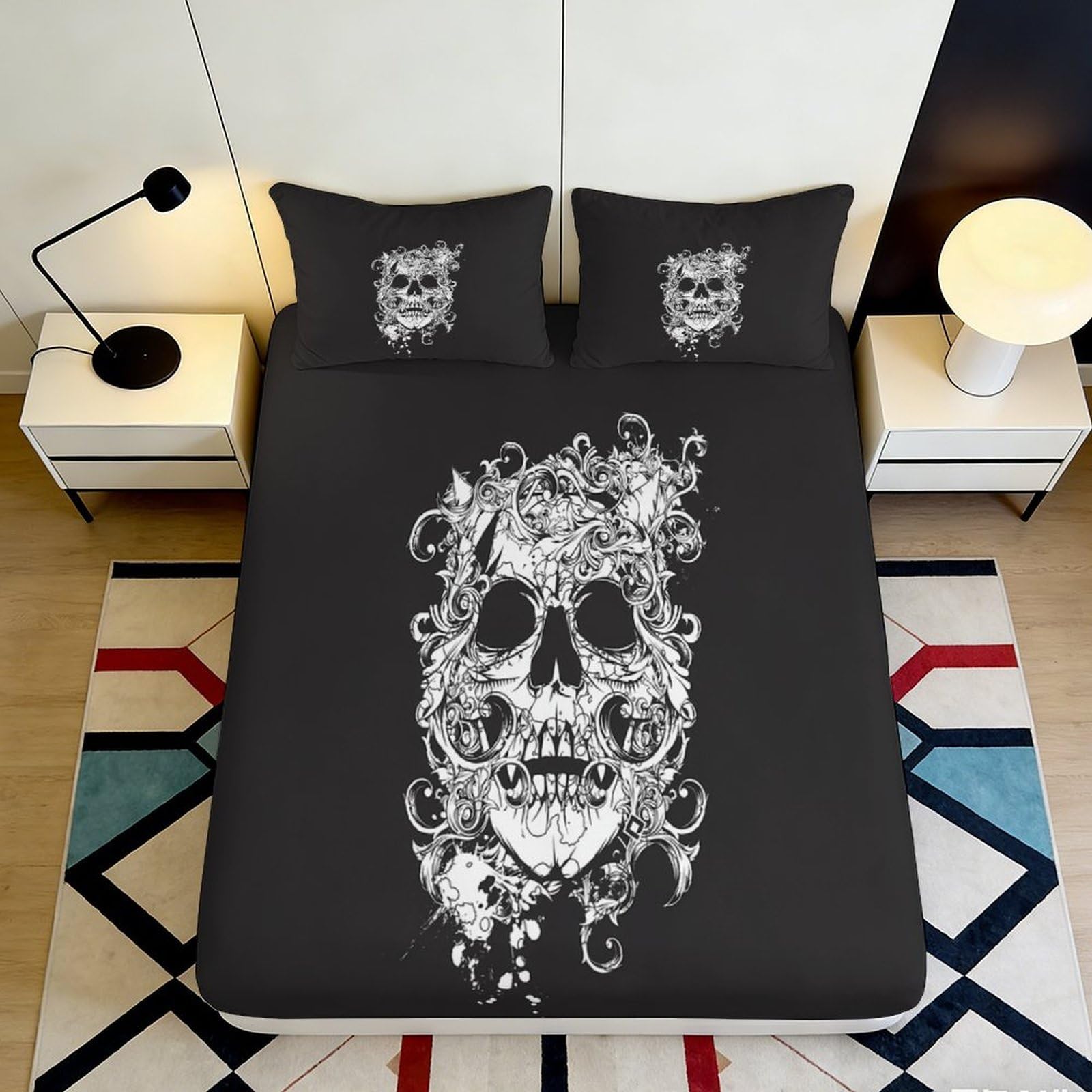 3D Printed Gothic Skull Fitted Sheet Microfiber Soft Black Floral Skeleton Bed Cover for Bedroom Guest Room Dorm Mattress Protection Decor 200x200x25cm