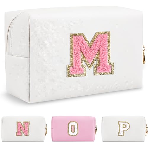Personalized Makeup Bag Initial A-Z Preppy Patch Bag,Small PU Leather Travel Cosmetic Bag Pouch with Zipper,White Cute Toiletry Bag,Gift Ideal for Teen Girls Women Birthday Friend Mom,Letter M