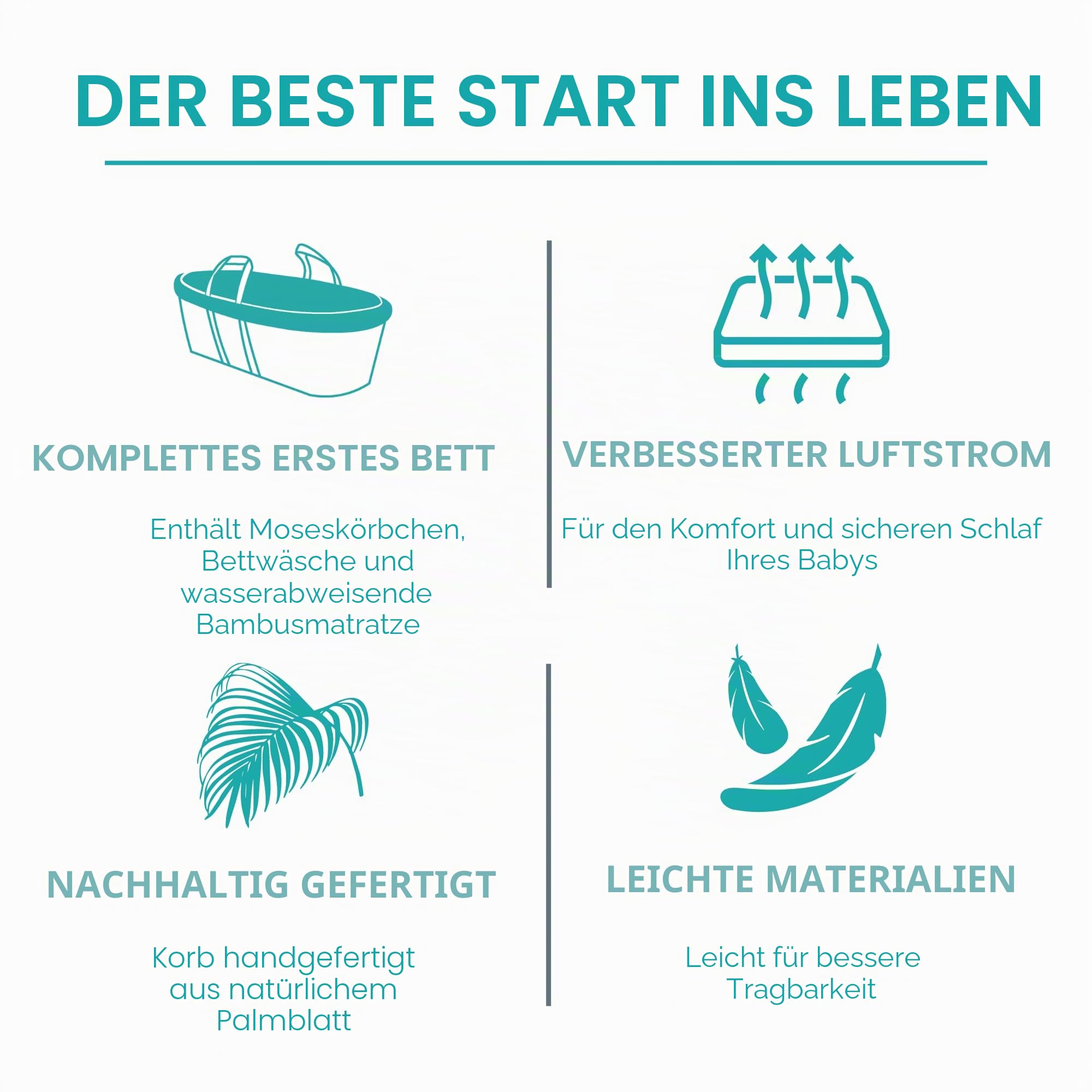 Clair de Lune Bio-Palmen-Moseskorb, Gold-Preisträger, kommt mit Bio-Kompresse, natürlicher Bambus-Matratze und weichem Baby-Betttuch, 75 x 28 cm (Naturcreme)