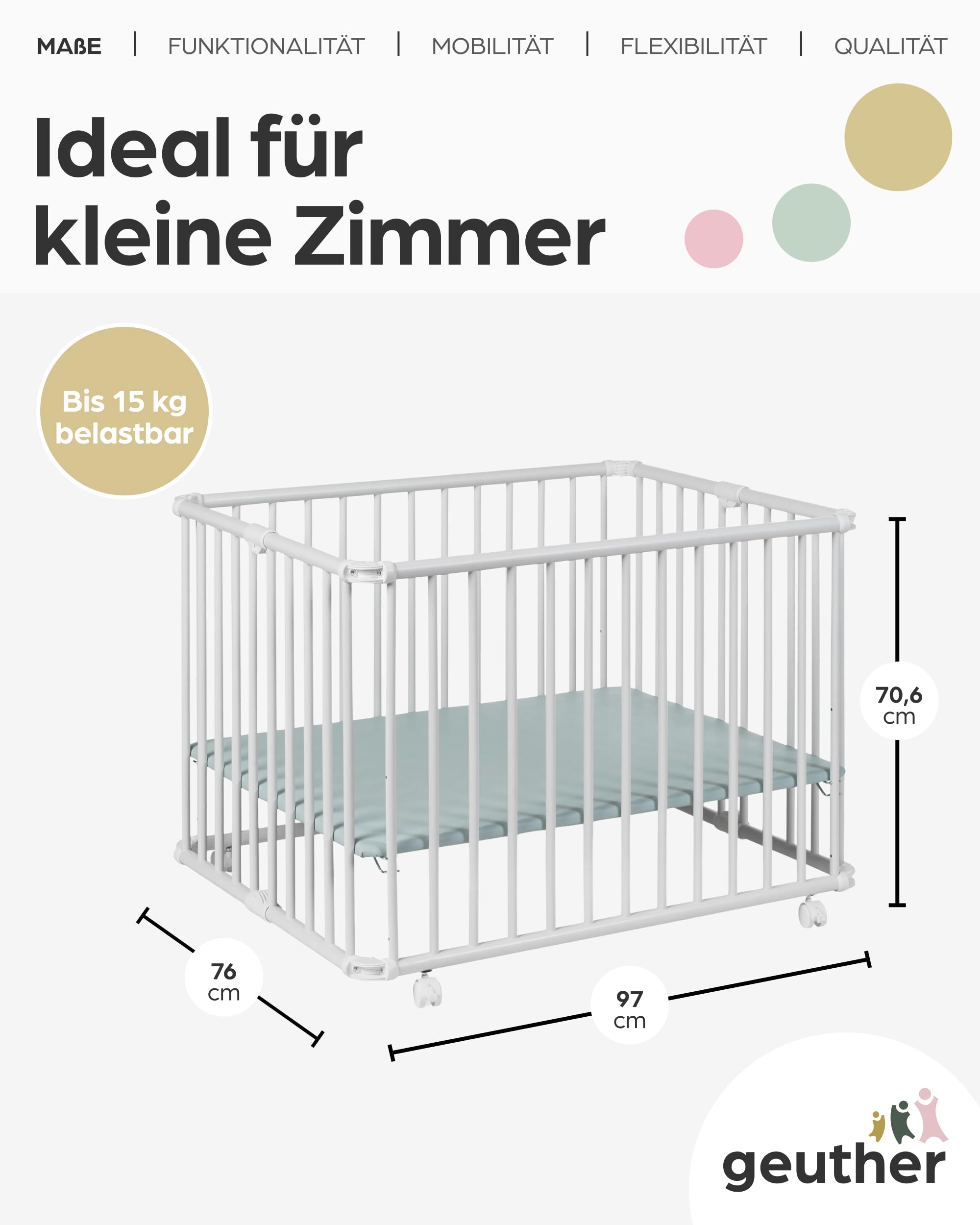 Geuther Laufstall Lucilee | Baby Laufgitter 76x97 cm aus Buchenholz – 3-fach höhenverstellbar ohne Werkzeug | TÜV Rheinland geprüft | klappbar & mobil auf Rollen | Made in Germany | Playpen Weiß