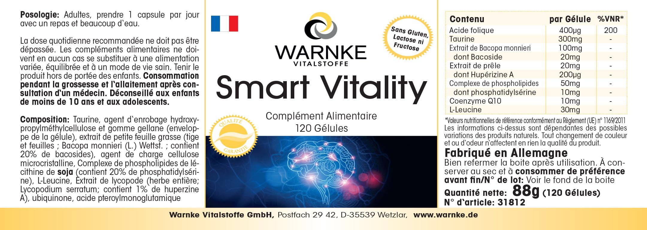 Smart Vitality - Complexe avec acide folique, taurine, Bacopa Monnieri, lycopode, phospholipide & Q10-120 gélules - fortement dosé - vegan | Warnke Vitalstoffe - Qualité des pharmacies allemandes