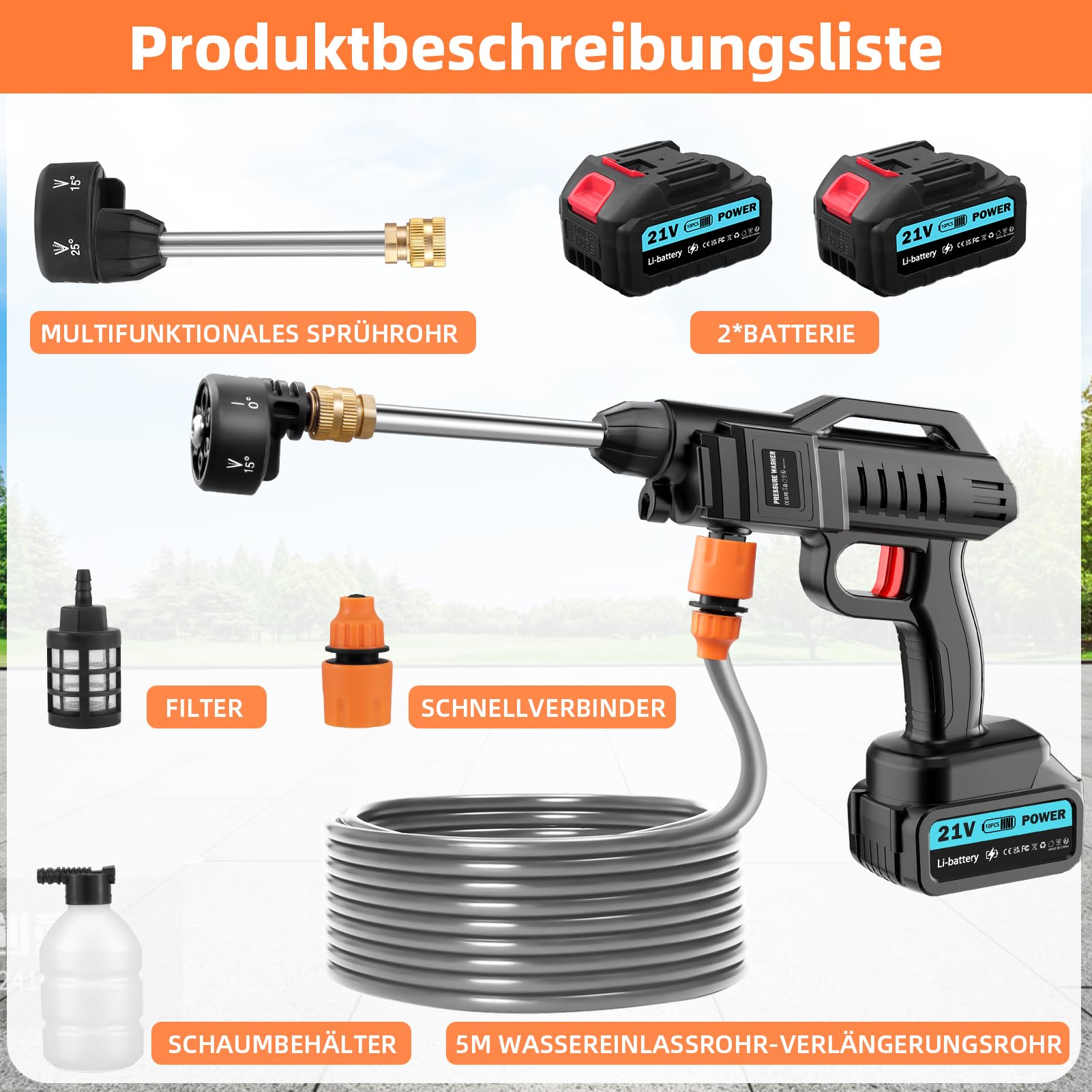 Hidrolimpiadora a Batería 21V 100 Bar, Limpiadora de Alta Presión Portátil 270L/h con 2 Baterías de 3000mAh, Boquilla 6 en 1, Manguera de 5m para Coche Terraza Ventana