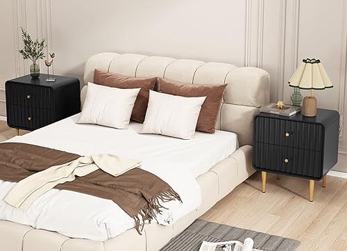 Miniatura 3 de HLR Juego de 2 mesitas de noche modernas con 2 cajones, mesa auxiliar de cama acanalada negra con mango de metal dorado, mesa auxiliar de madera con