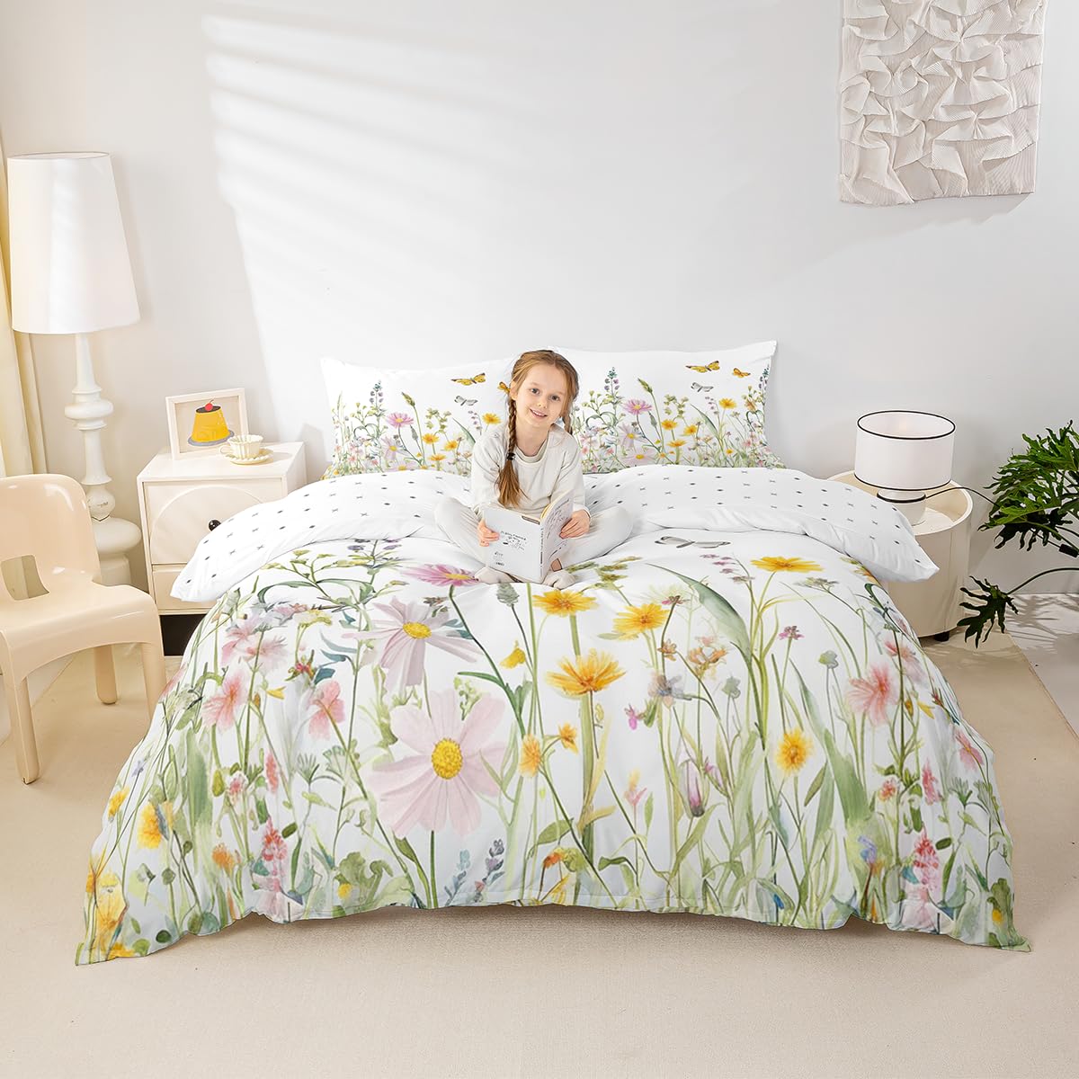 Homemissing Yellow Flowers Pattern Duvet Cover Set Double Size for Girls Adults Women Kids Butterflies Print Bedding Set Garden Flower Comforter Cover with 2 Pillowcases Nature Theme Zipper