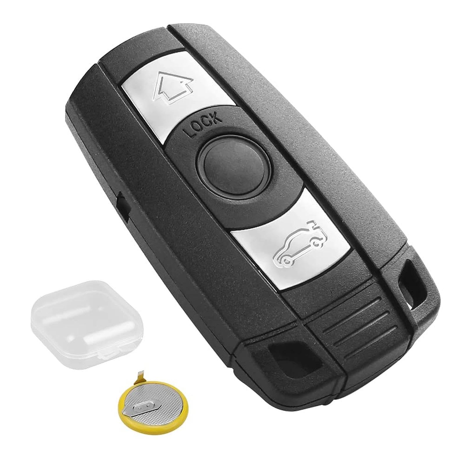 KingYH Car Key Case with LIR2025 Battery and Storage Box, 3-Button Key Case, Black, Compatible with BMW Series 1 2 3 5 6 X1 X5 E81 E82 E87 E88 E89 E90 E91 E92 E93