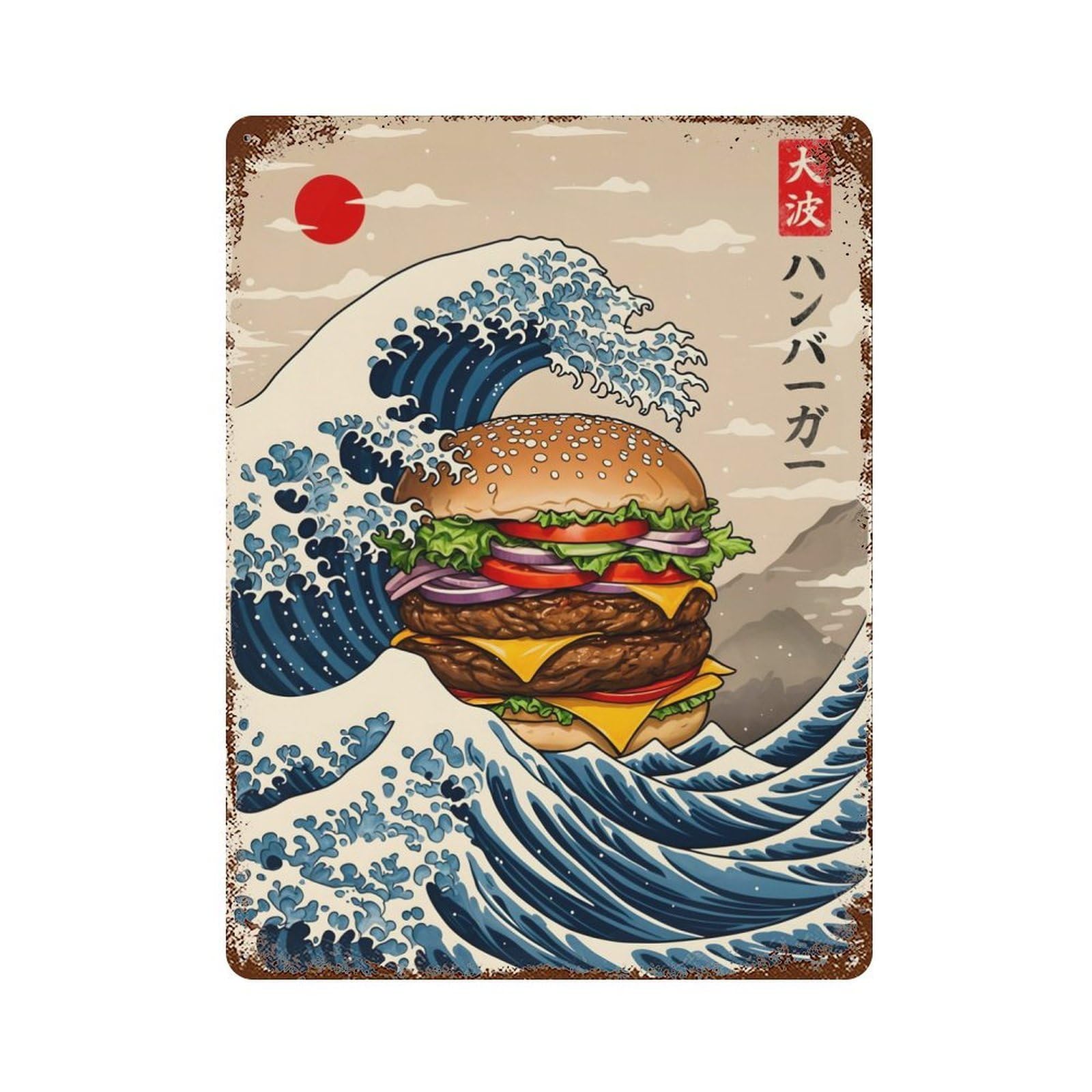 Garage Style Burger Great Wave Rustic Tin Plaque 15.7"x11.8", Classic Wall Plaque for Bar And Workshop
