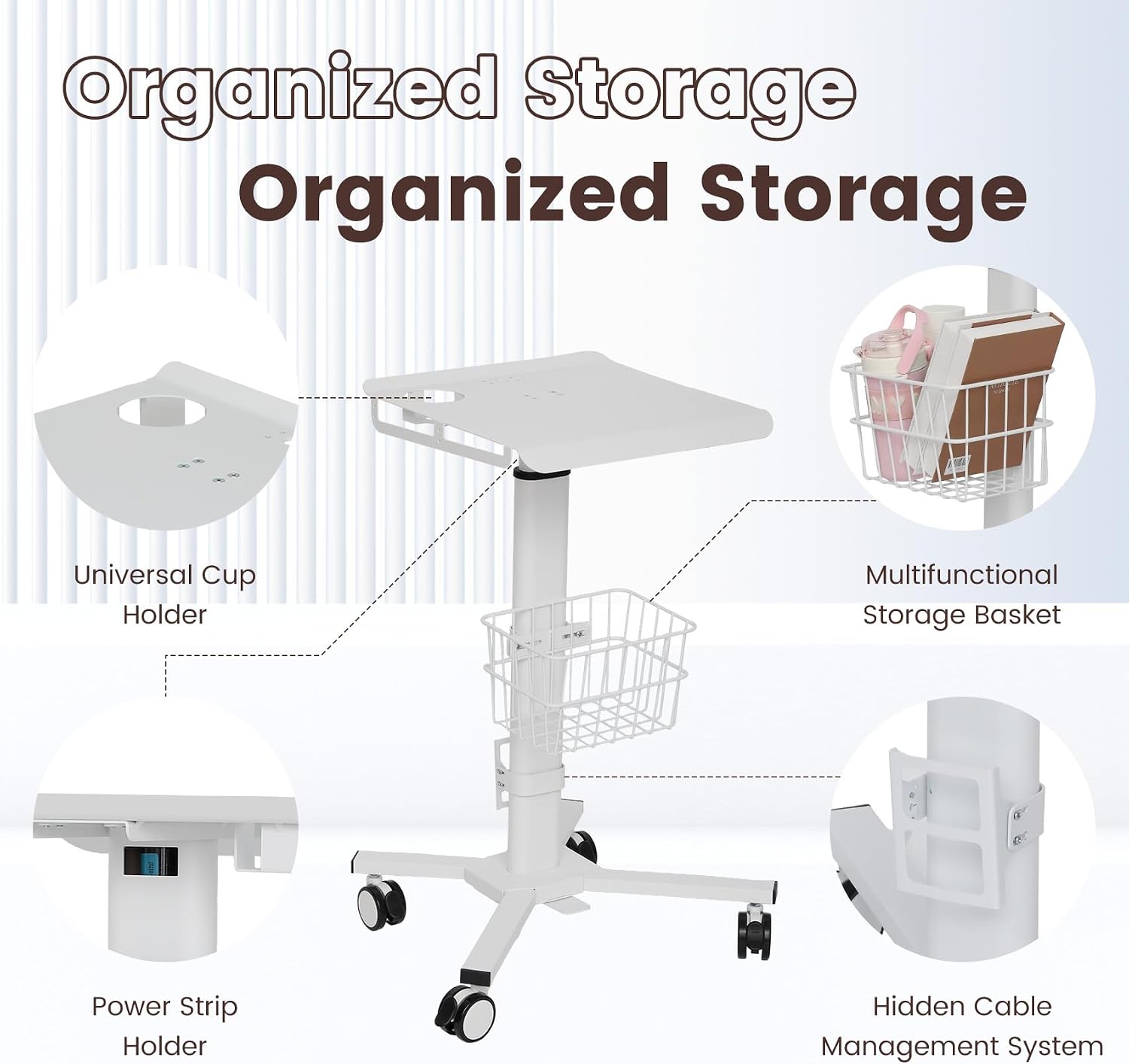 Mobile Laptop Cart on Wheels, Adjustable Height Mobile Laptop Cart with Pneumatic Lifting(31.5" - 47.25"), Storage Basket, Cup Holder, Cable Management for Home, Office and Salon, Cold-Rolled Steel