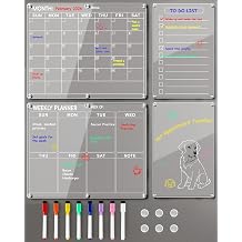 4 Pack Acrylic Magnetic Calendar for Refrigerator Set, Clear Monthly Weekly Daily Dry Erase Whiteboard for Fridge with 8 Color Markers, Meal Planner, Menu Board, Home Decor