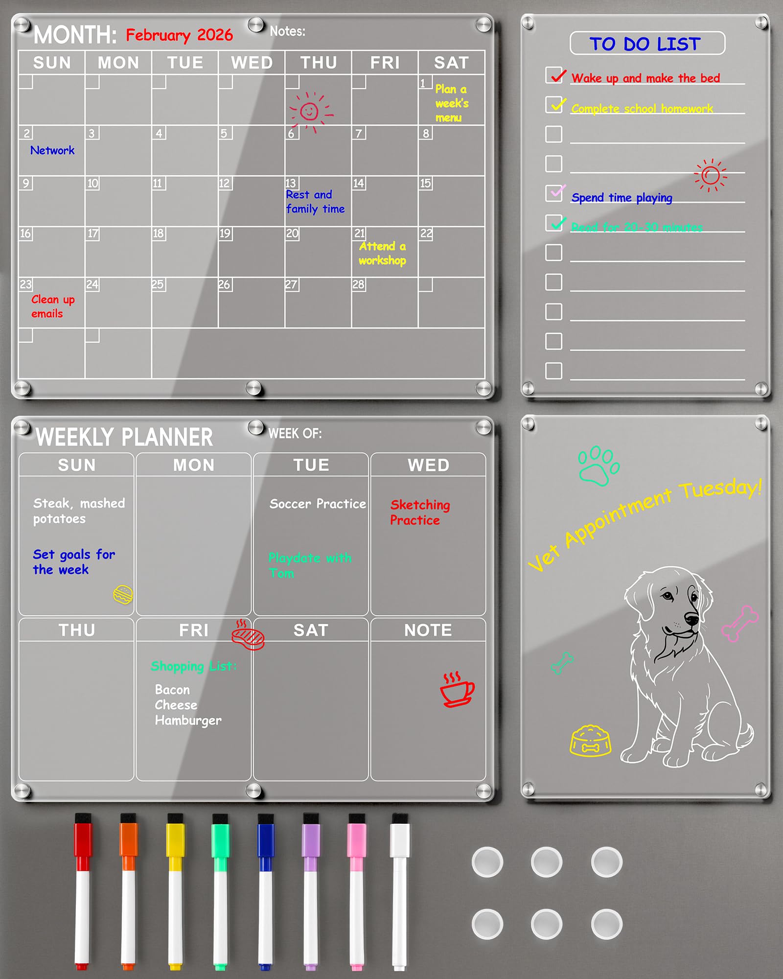 Photo 1 of 4 Pack Acrylic Magnetic Calendar for Refrigerator Set, Clear Monthly Weekly Daily Dry Erase Whiteboard for Fridge with 8 Color Markers, Meal Planner, Menu Board, Home Decor