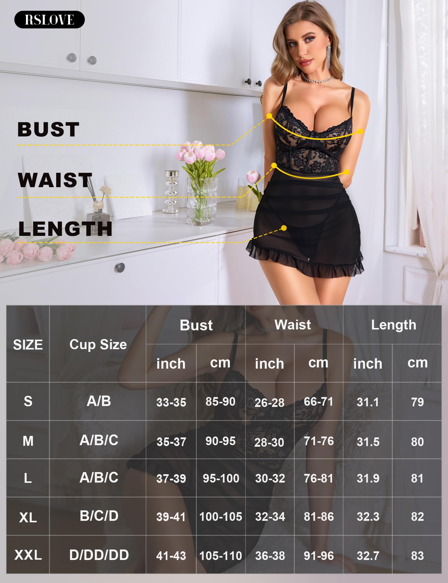RSLOVE Lingerie sexy da donna, in pizzo trasparente, con perizoma