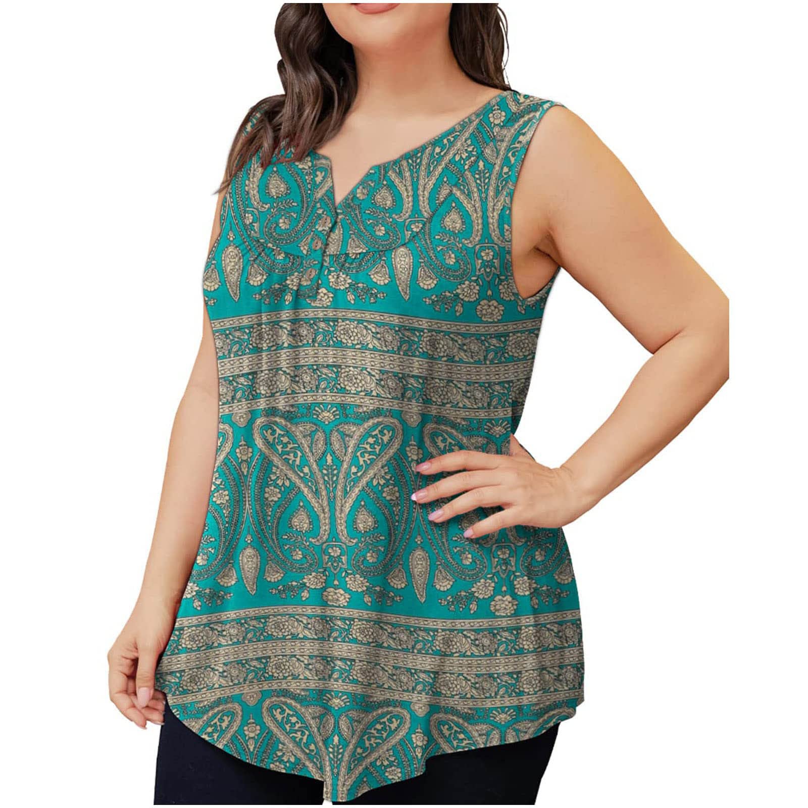 Rkaixuni Women's Green Tank Top Plus Size Summer Sleeveless Vintage Paisley Graphic Tee Casual Swing Shirts Flowy Tunic Blouses Button