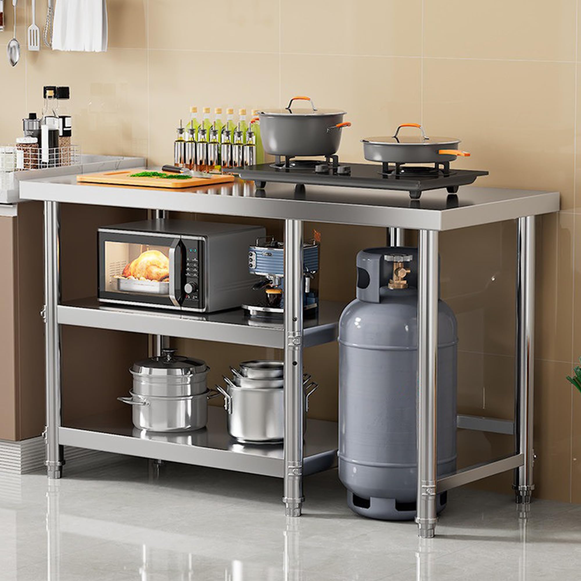 Tavolo da Lavoro in Acciaio Inox, 3 Ripiani Tavolo da Preparazione Commerciale, Banco da Cucina Acciaio, Scaffali Acciaio Inox per Ristorante, Cucina, Garage, Magazzino,100x40x80cm