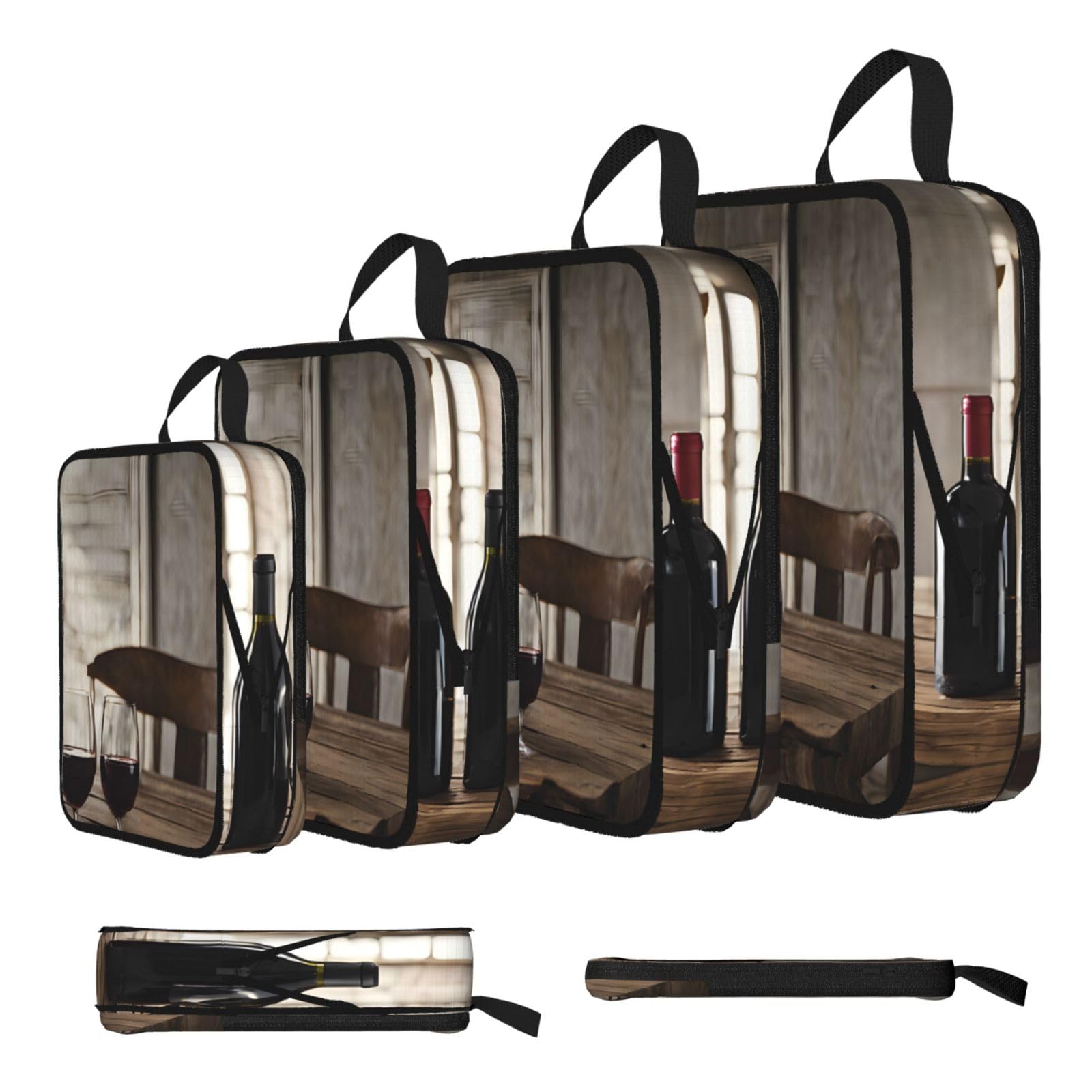 Grape Wine Print Compression Packing Cubes 4-Piece Set With Multi- Compartment Travel Bag, Waterproof Suitcase Organiser Bags