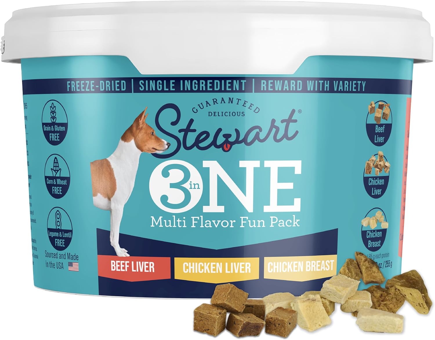 Stewart 3 in 1 Multi Flavor Variety Dog Treats, 9 oz, Freeze Dried Raw, Single Ingredient, High Protein Training Treats or Meal Topper in a Resealable Tub, Grain-Free, Gluten-Free