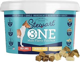 Stewart 3 in 1 Multi Flavor Variety Dog Treats, 9 oz, Freeze Dried Raw, Single Ingredient, High Protein Training Treats or Meal Topper in a Resealable Tub, Grain-Free, Gluten-Free