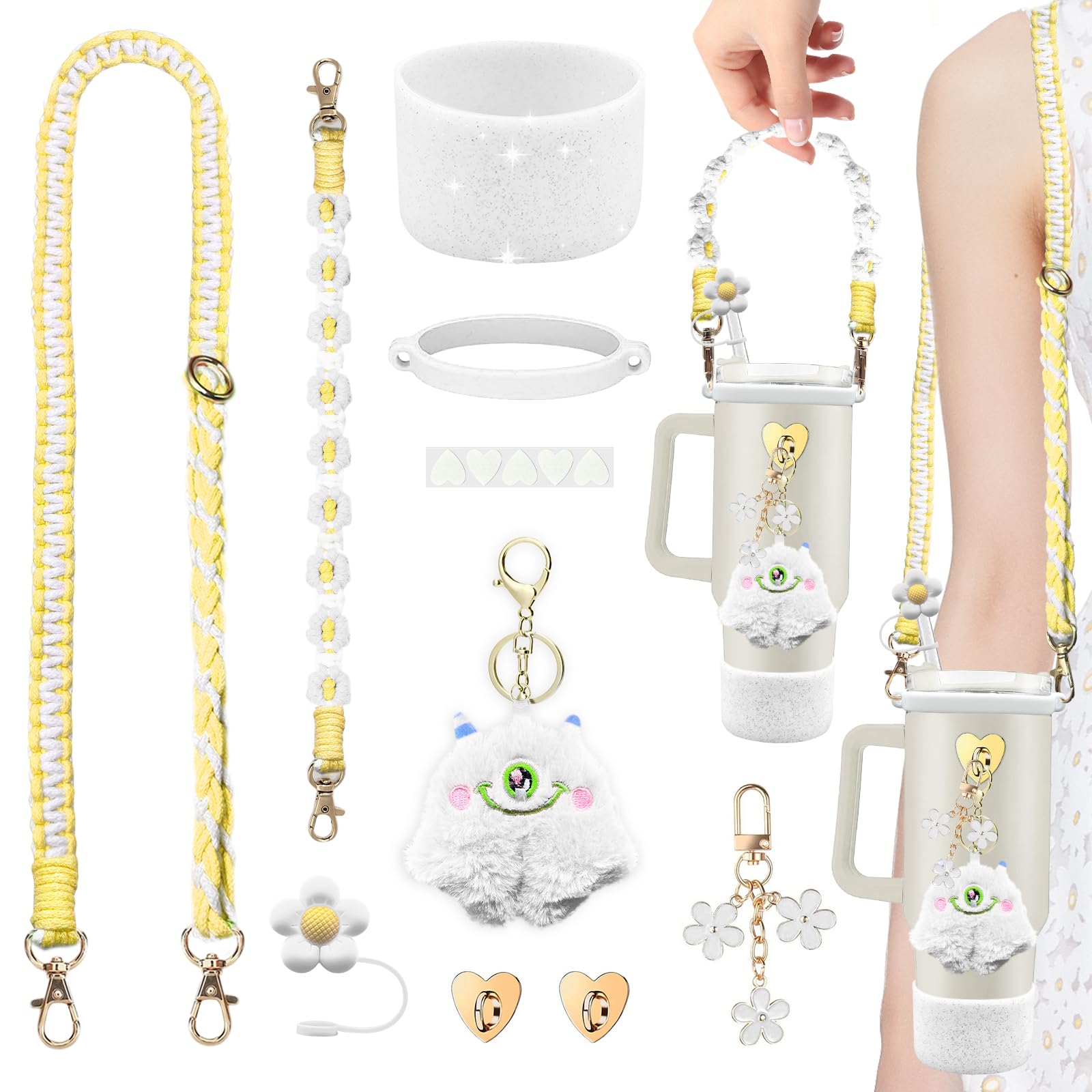 Stanley Cup Accessories Set Including Adjustable Water Bottle Shoulder & Handle Strap, Glitter Silicone Protective Boot, Silicone Straw Topper Cover,