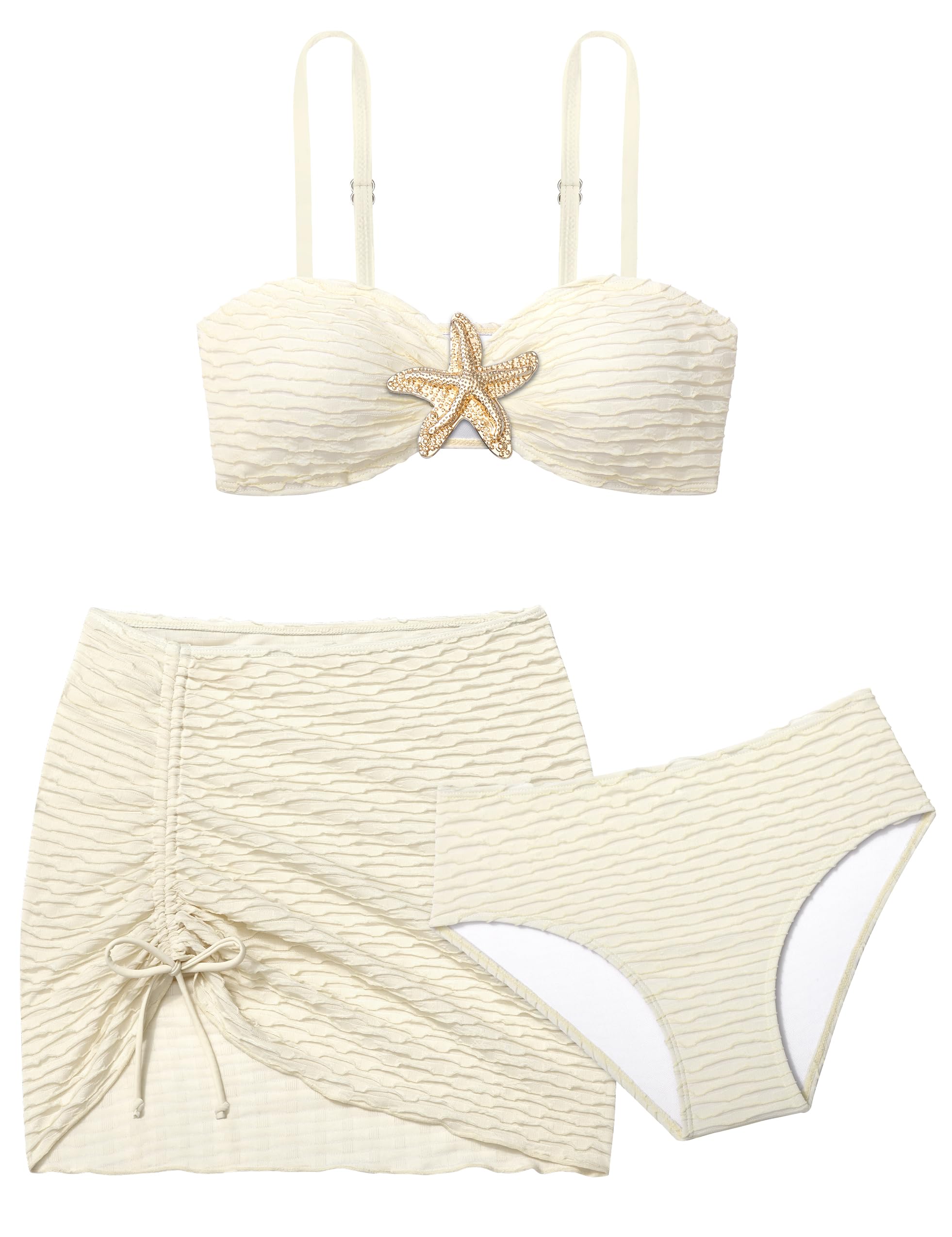 Girls Swimsuit Double Strap High Waist Sporty Bikini Swimsuits Swim Cover Up Skirt 3 Piece Set