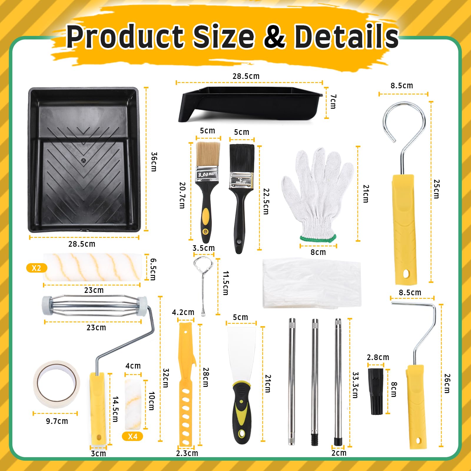 Kit Peinture 23 Pièces, Rouleau 4/9 Inch Rallonge, Bac à Peinture | Grattoir, Pinceau et Garnitures Inclus — pour Murs, Plafond et Portes, Équipement Complet pour Travaux