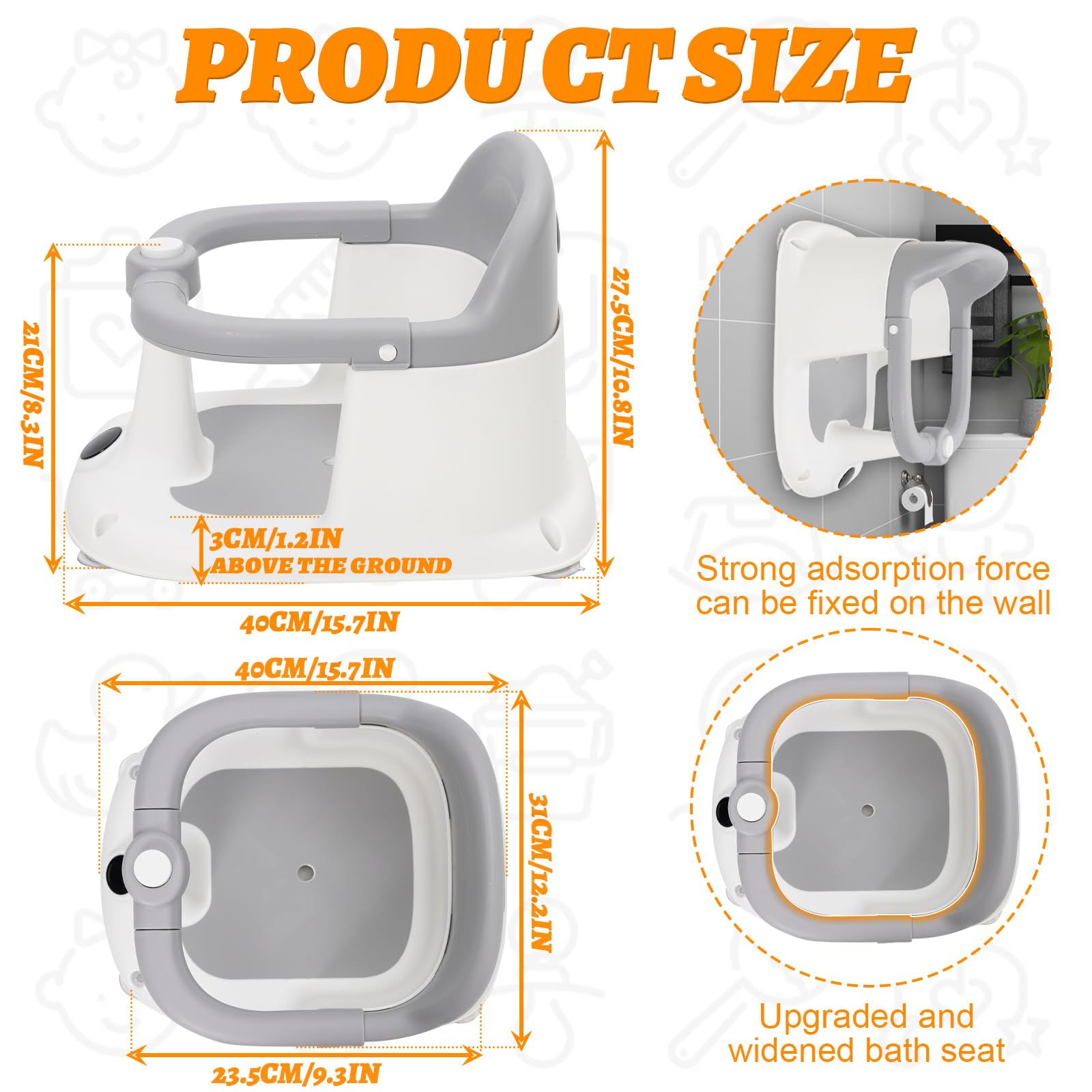 Siege de Bain pour Bebe de 6 Mois et Plus, Anneau de Bain Bébé avec 4 Ventouses Puissantes,Antidérapante, Installation Facile,Portable,Transat de Bain de 6 à 24 Mois,pour Douche ou Baignoire(Gris)