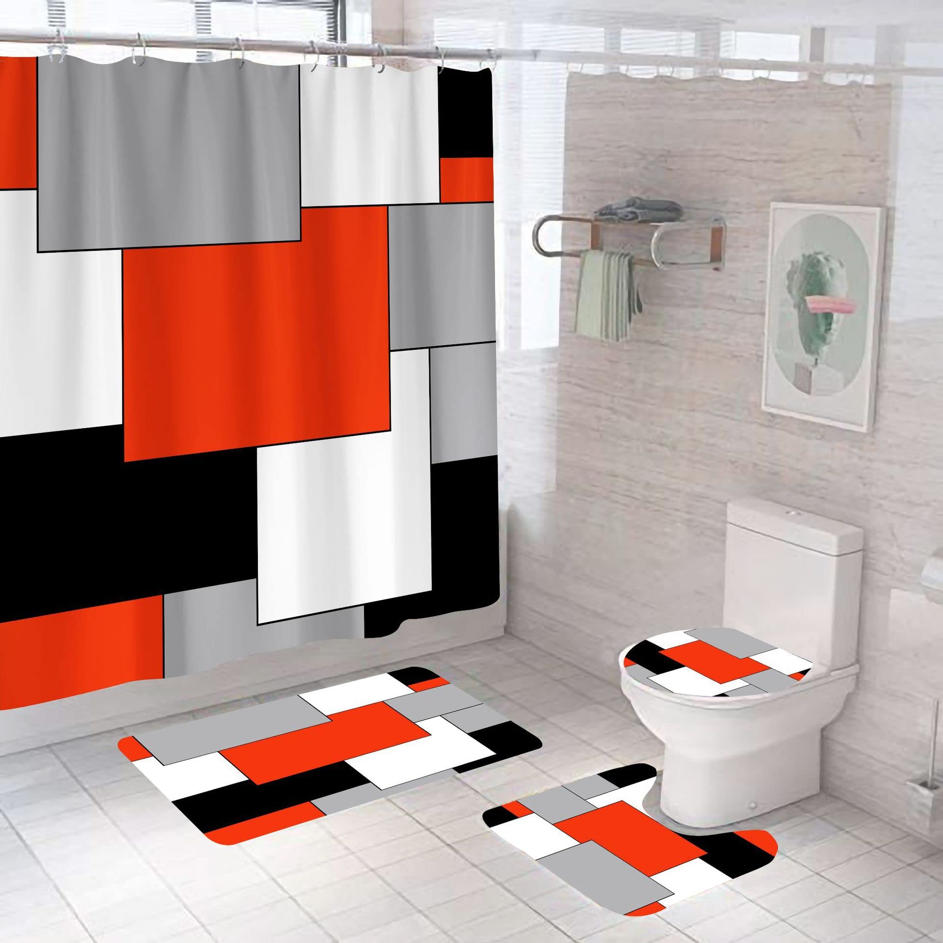 Bath Mat Orange Gray Geometry Door Mat 4-Piece Set Washable,1 Polyester Shower Curtains Mould Proof Resistant+1 Toilet Mat+U Bathroom Mat+1 Rug Non Slip（50x80cm）