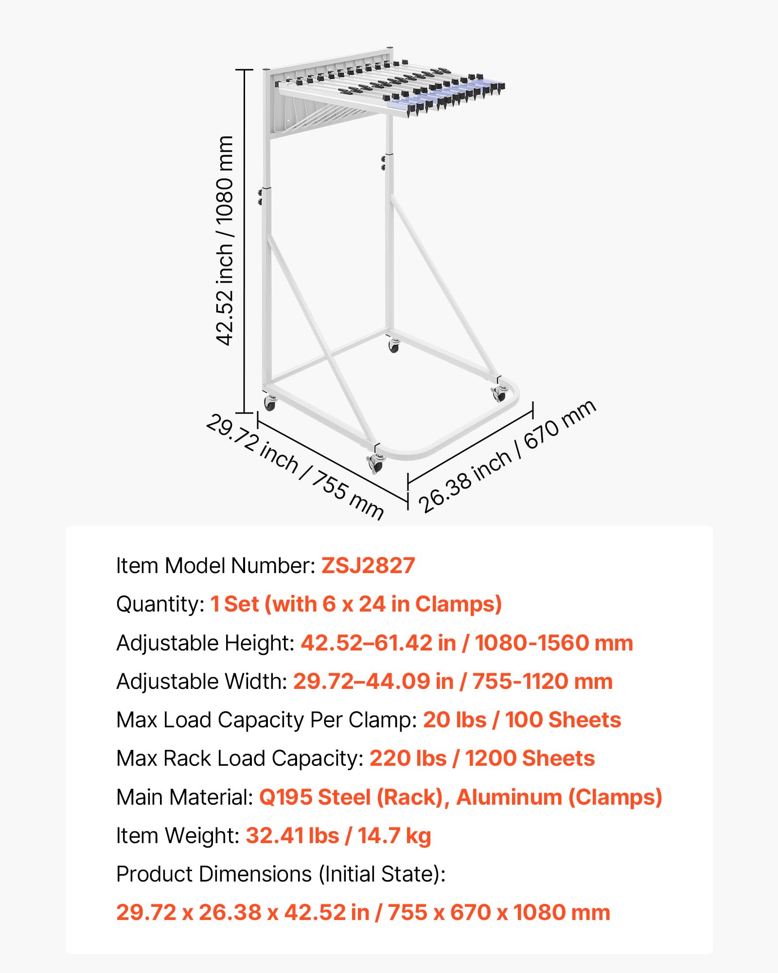 VEVOR Porta Progetti per Ufficio, Espositore Organizer in Acciaio, Mobile e Regolabile 1080–1560 mm, con 6 Morsetti in Alluminio, 4 Ruote, per Documenti Poster Archiviazione Disegni Poster a Casa