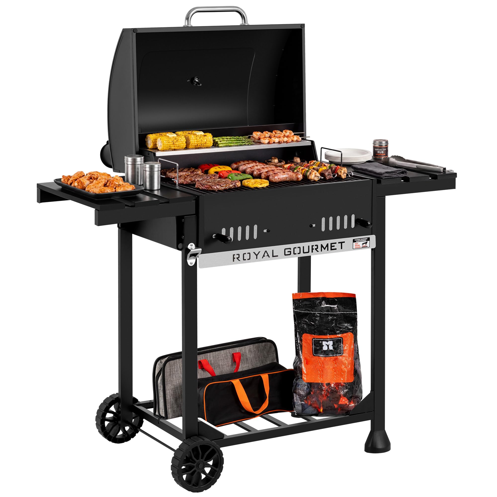 Royal Gourmet Barbecue a Carbone da Legno, griglia a Carbone su Carrello con Ripiani Pieghevoli, Coperchio, termometro, Superficie Cottura 56,5 x 42,2 cm, per Giardino, Campeggio, Nero
