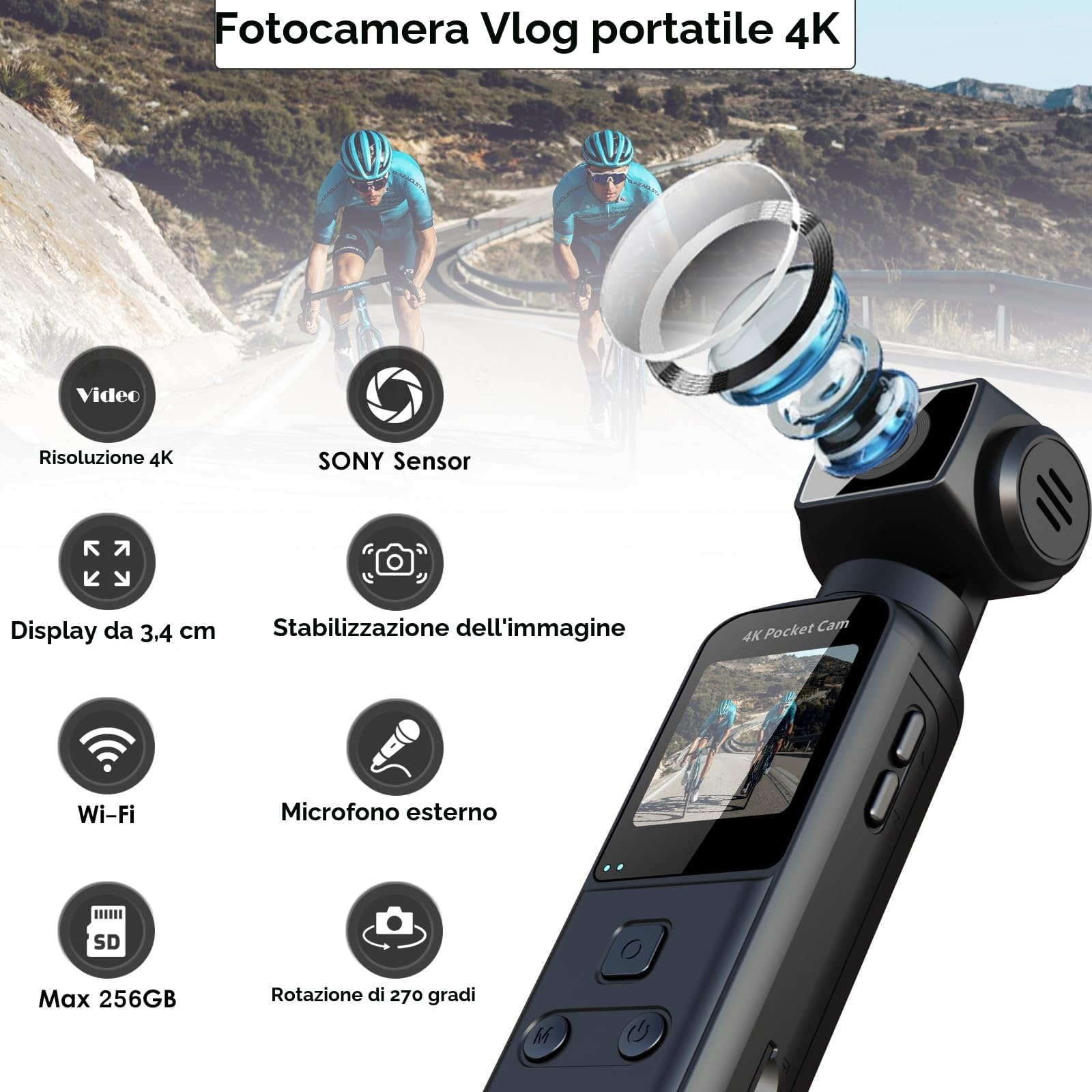 ydi Telecamera da Corpo 4K con Microfono Esterno, Video & Audio Mini Vlog Videocamera Tascabile Rotazione 270° Telecamera per Sport, Bici, Viaggi, Strumento di Polizia, 64 GB Inclusi