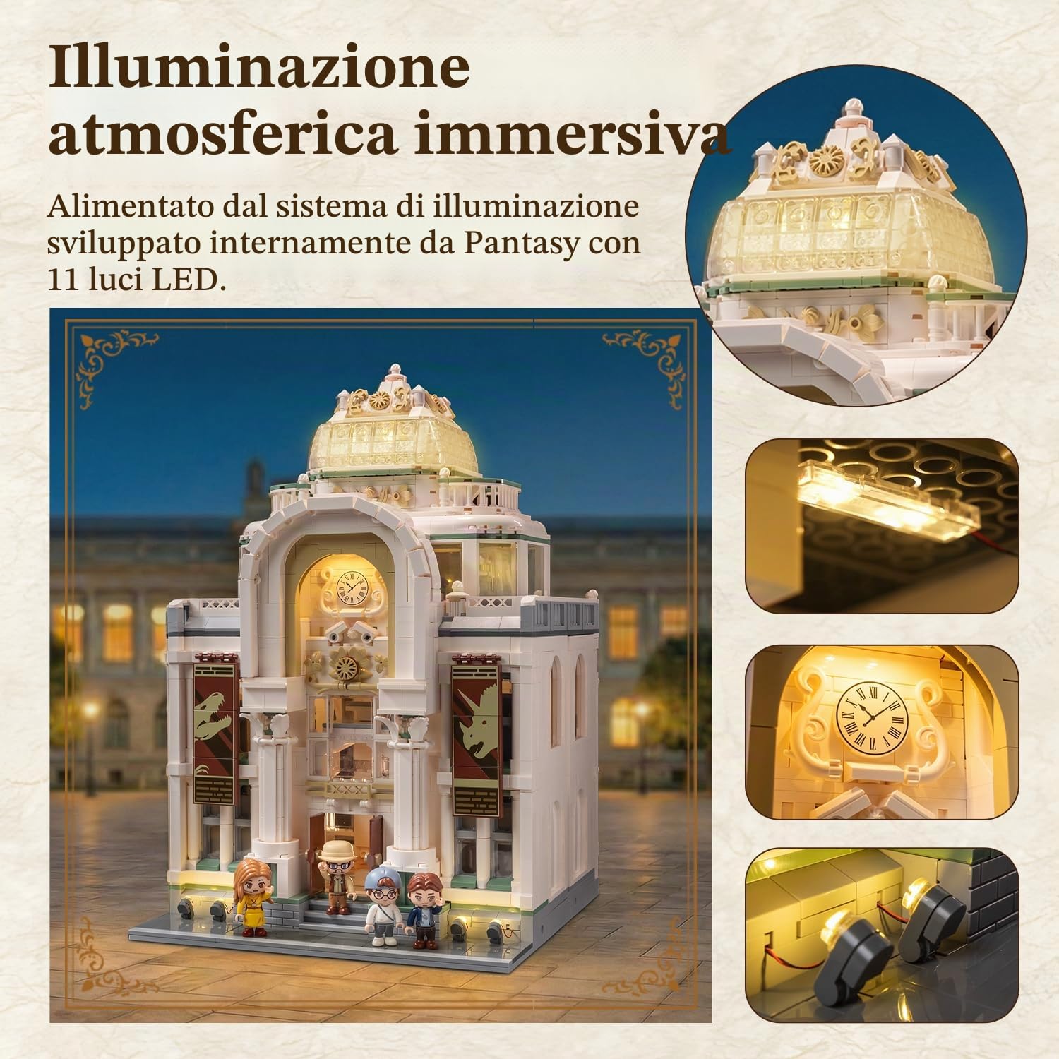 PANTASY Dinosauro Museo Building Set per Adulti, Architettura Illuminata | Museo modulare barocco con 11 luci LED, doppia sala espandibile ed esposizione da collezione compatibile con la strada