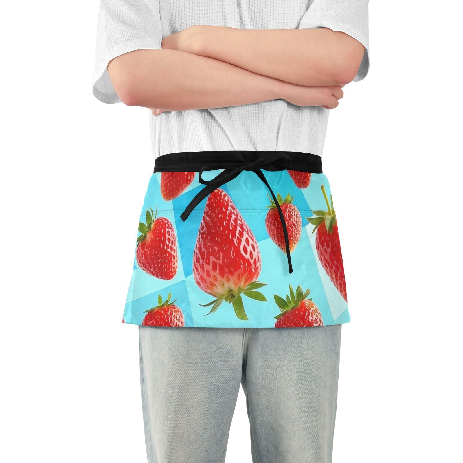 FASHON&FASCIN Server Apron with Pockets Waist Aprons Half Waitress Apron Strawberry Pattern for Gardening Restaurant,Multi21