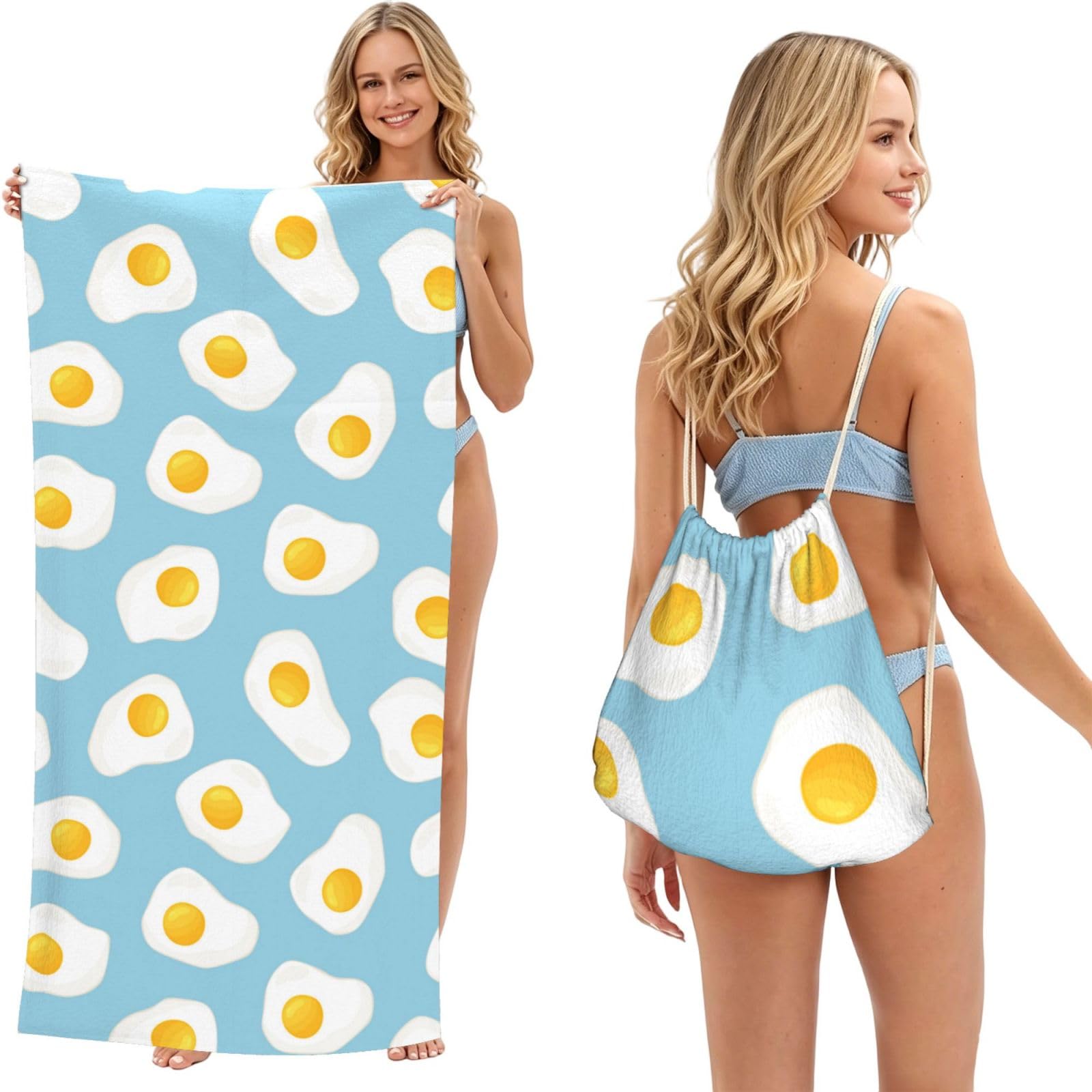 Poadnly As Picture Fried Eggs Seamless Pattern, 2 In 1 Packable Towel Bag, Beach Towels With Drawstring Backpack For Travel Holiday Camping