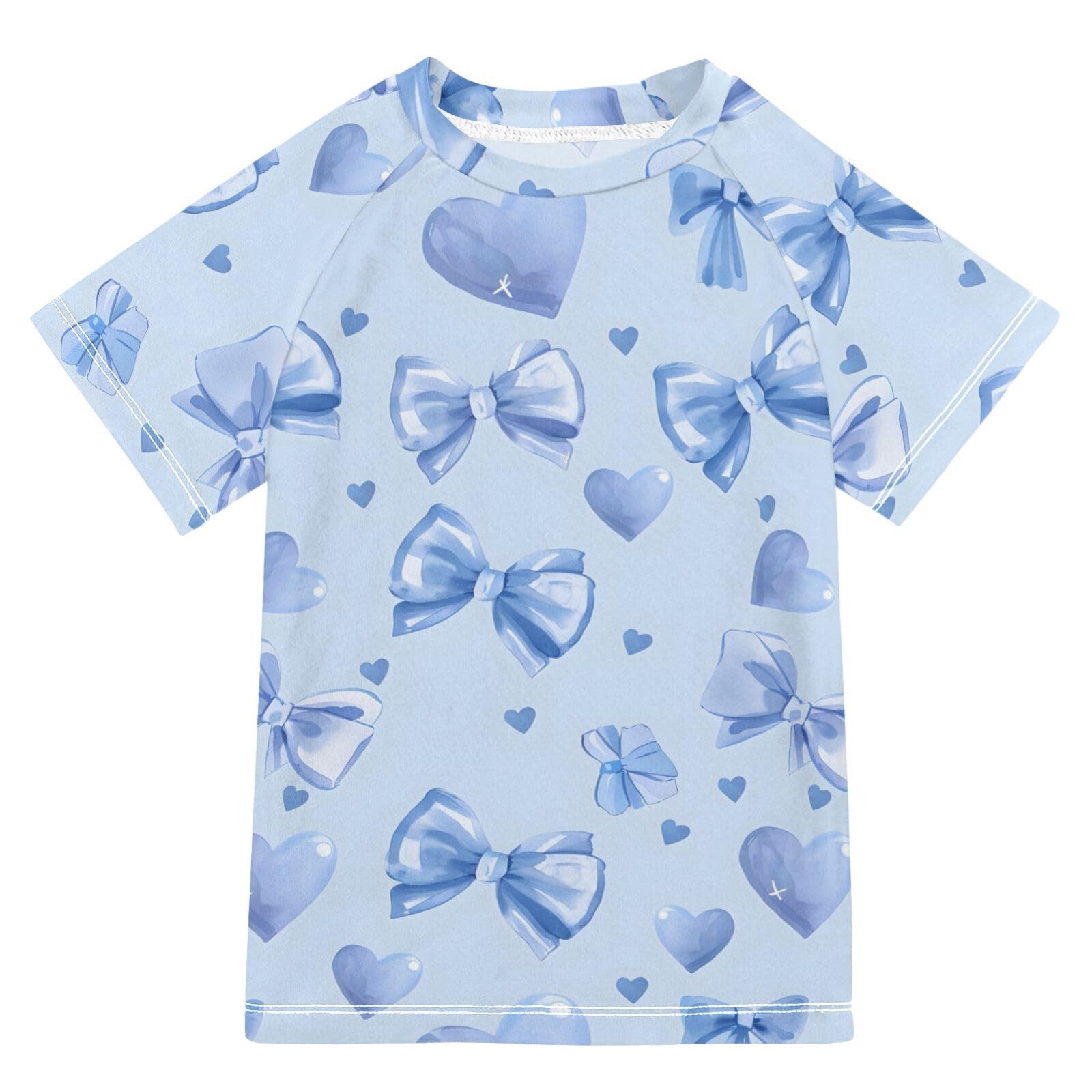 ALAZA Boys Swim Shirt Short Sleeve Rash Guard for Boys Girls UPF 50+ Light Blue Bows Hearts 9-10T