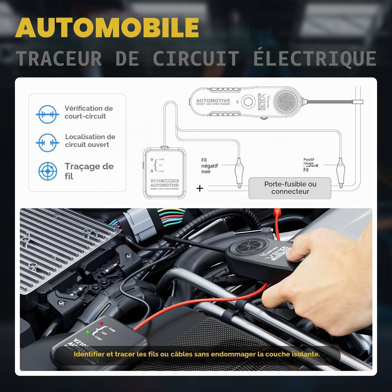 VDIAGTOOL V210 Traceur de Cables Electriques, Outil Detecteur De Fil Coupe Voiture 6-42V DC, Testeur de Circuit Ouvert et Court-circuit, Localisateur de câble et Disjoncteur électrique Automobile